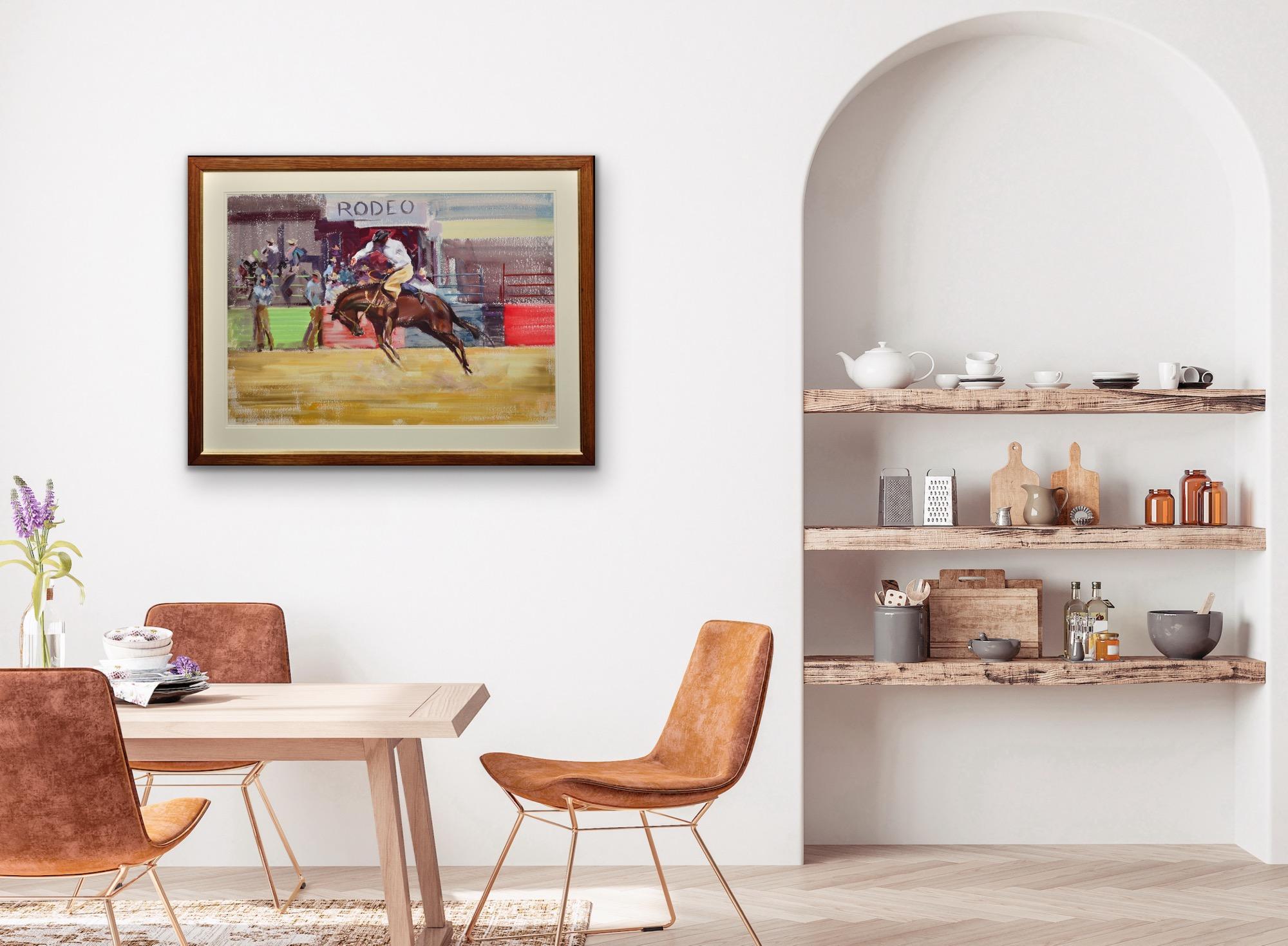 Bareback Bronco Horse Framed Mid 20th Century Rodeo Cowboy Original Painting For Sale 10