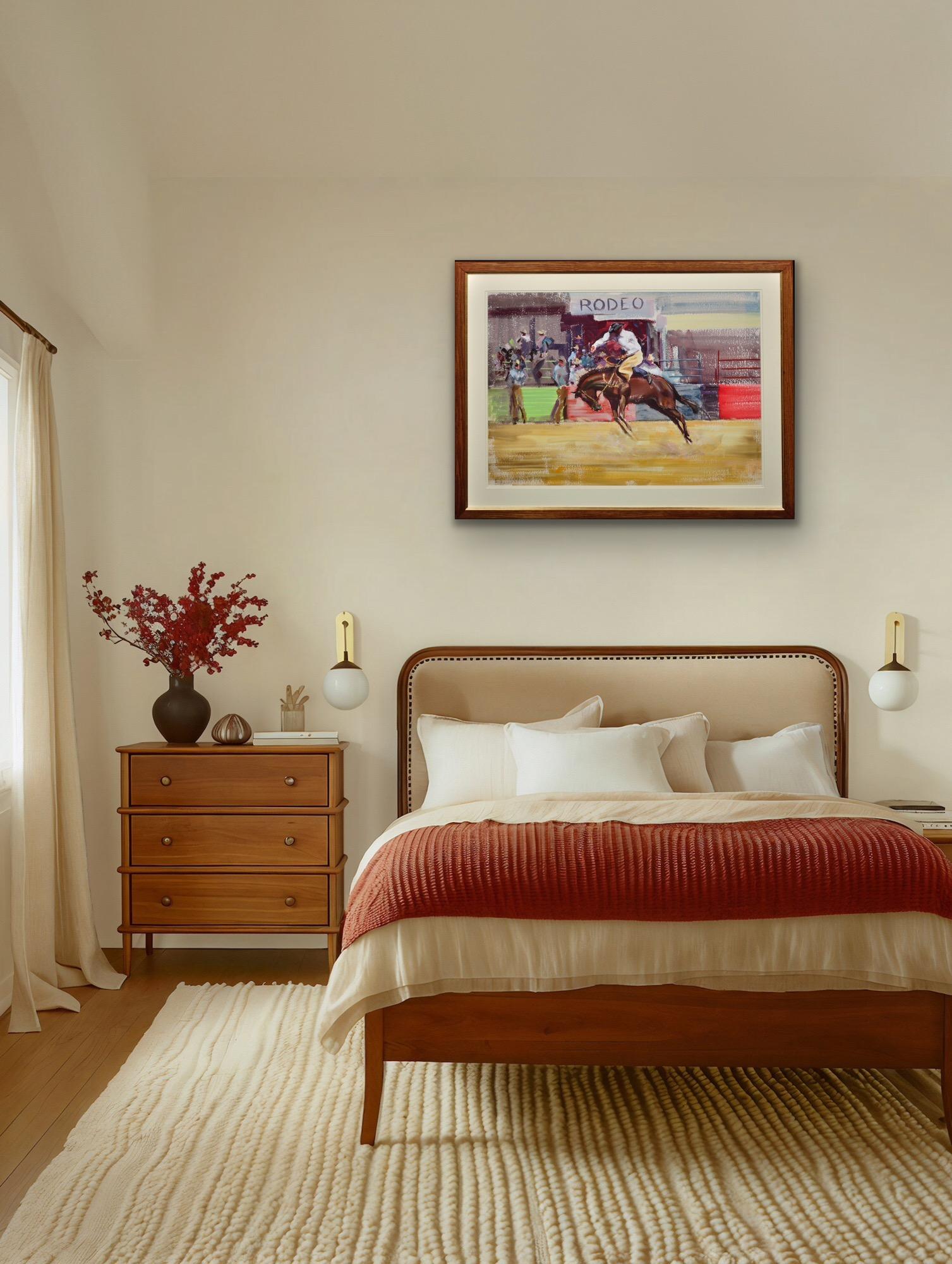 Bareback Bronco Horse Framed Mid 20th Century Rodeo Cowboy Original Painting For Sale 11