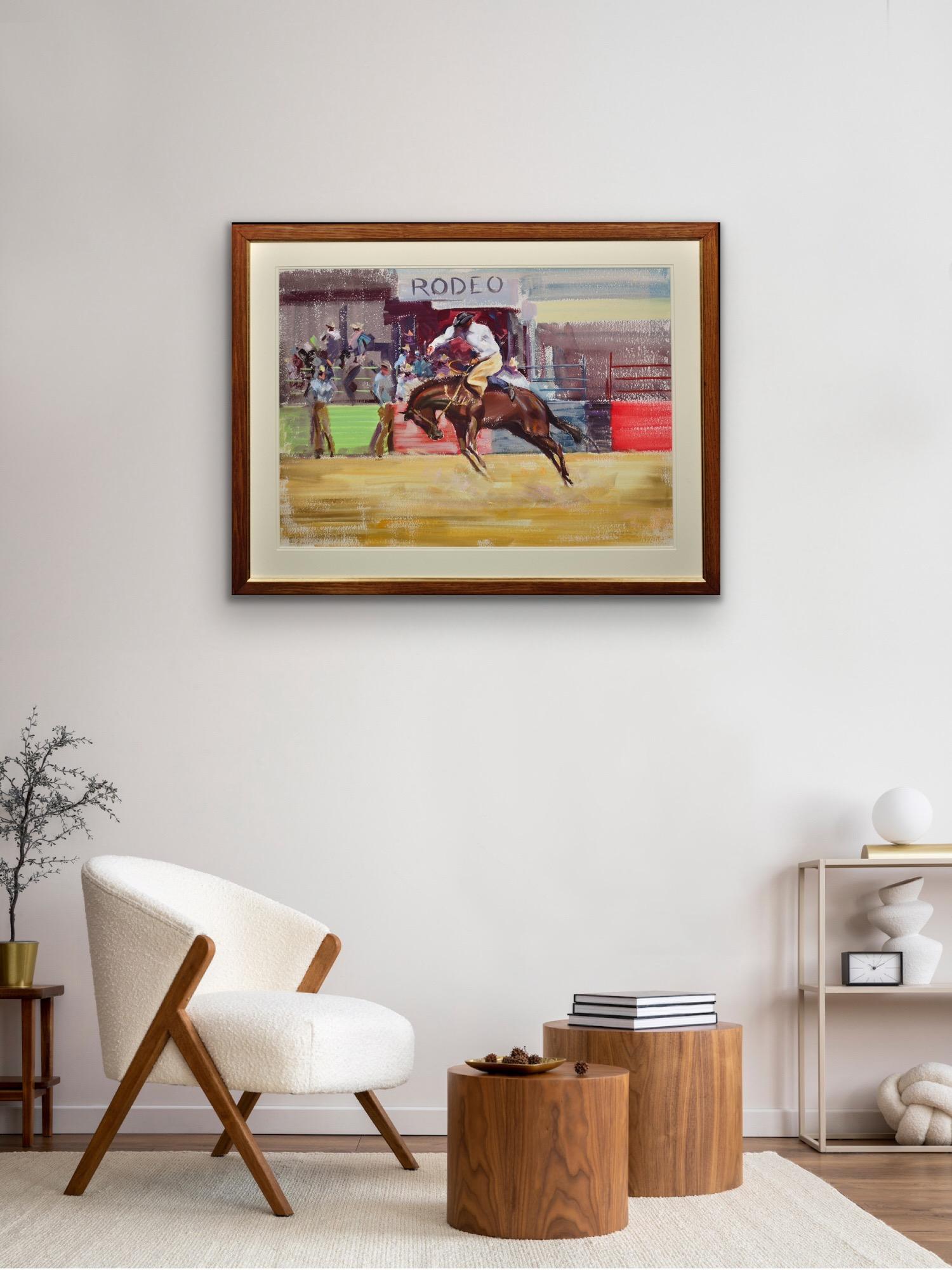 Bareback Bronco Horse Framed Mid 20th Century Rodeo Cowboy Original Painting For Sale 13