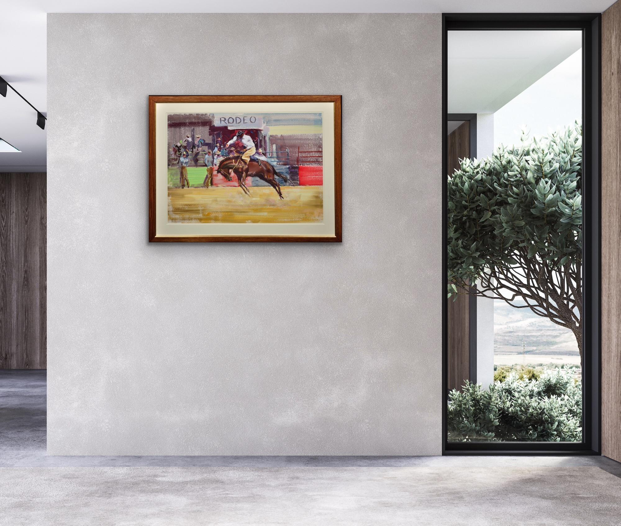 Bareback Bronco Horse Framed Mid 20th Century Rodeo Cowboy Original Painting For Sale 15