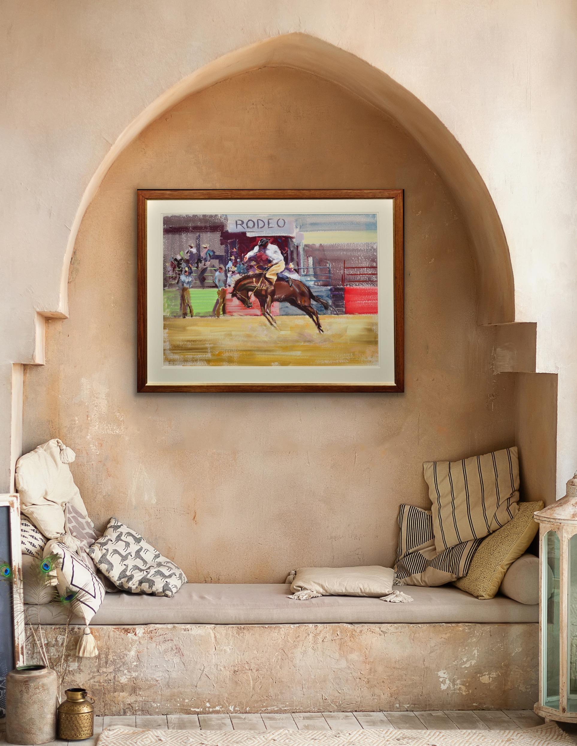 Bareback Bronco Horse Framed Mid 20th Century Rodeo Cowboy Original Painting For Sale 16