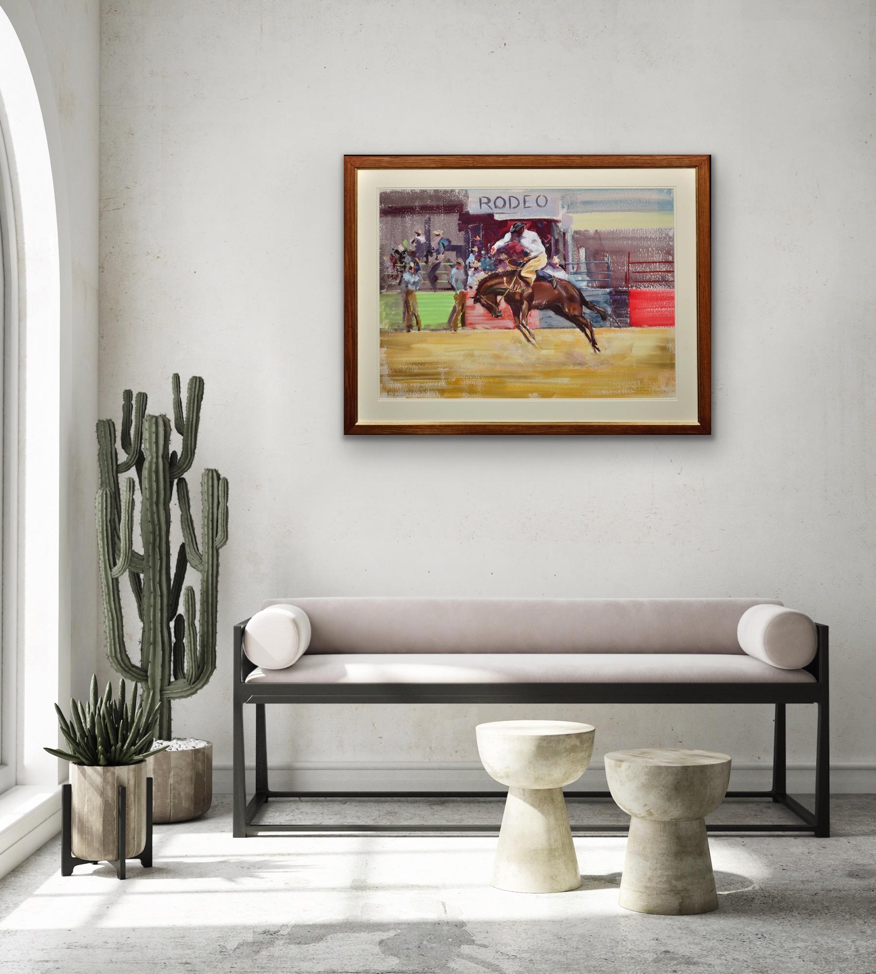 Bareback Bronco Horse Framed Mid 20th Century Rodeo Cowboy Original Painting For Sale 2