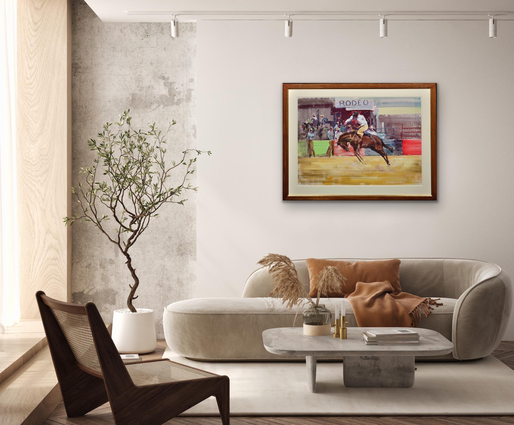 Bareback Bronco Horse Framed Mid 20th Century Rodeo Cowboy Original Painting For Sale 3