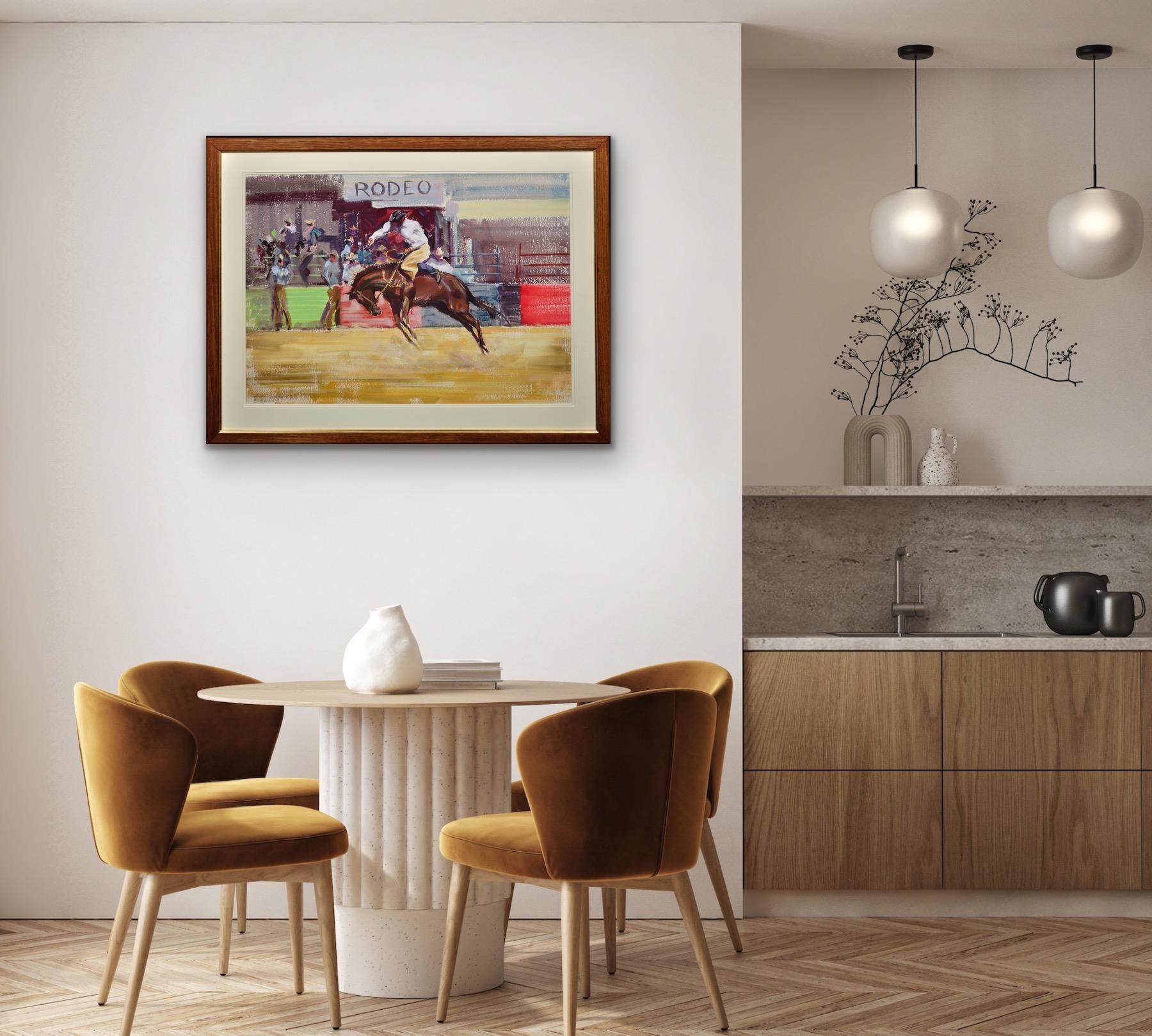 Bareback Bronco Horse Framed Mid 20th Century Rodeo Cowboy Original Painting For Sale 5
