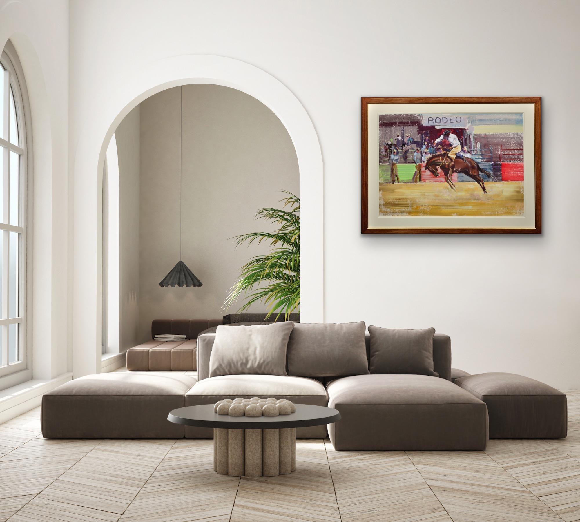 Bareback Bronco Horse Framed Mid 20th Century Rodeo Cowboy Original Painting For Sale 6