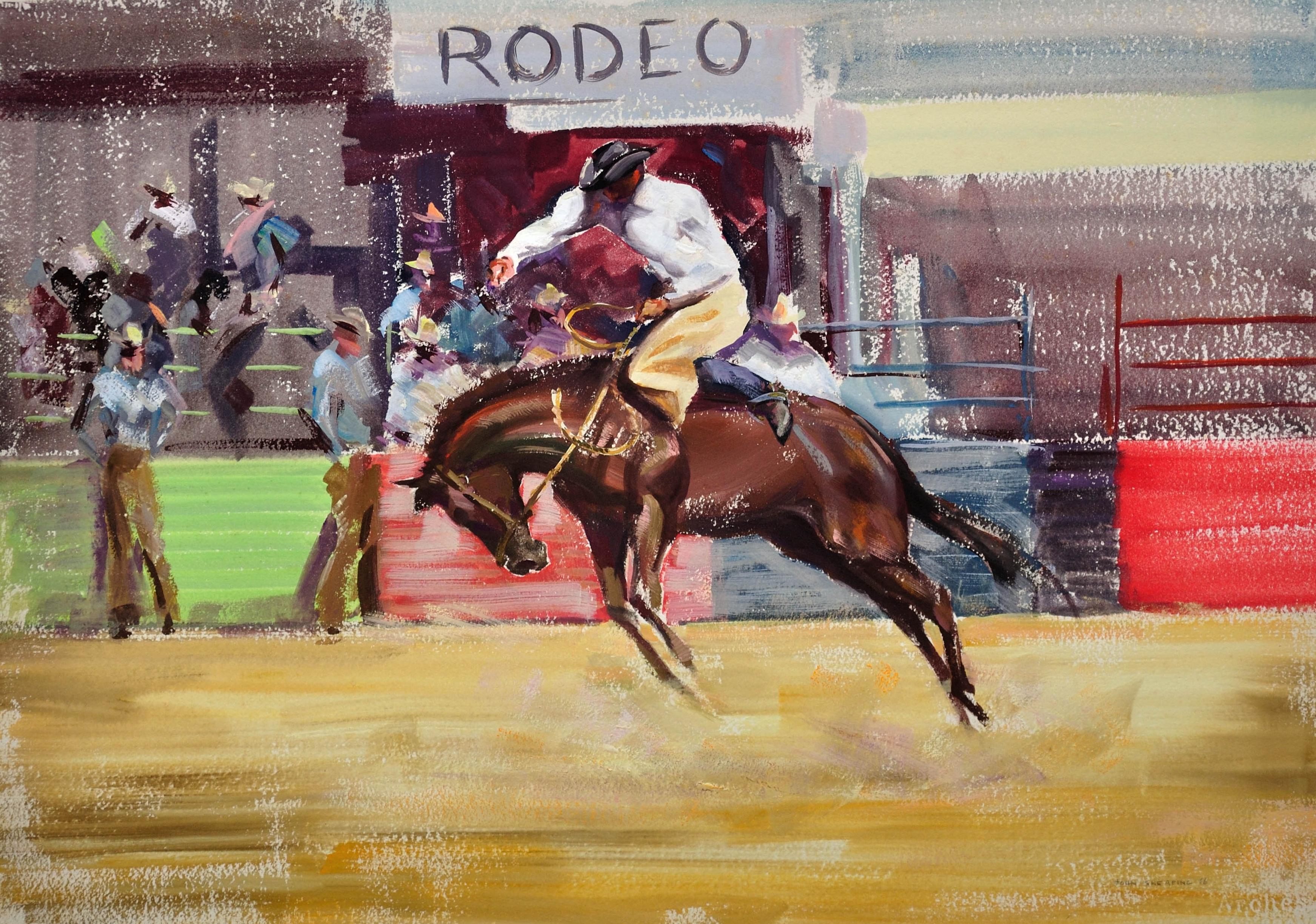Rodéo. Bareback Bronco. Milieu du 20e siècle. 1966. Western Cowboy Ranch Equestrian. - Painting de John Rattenbury Skeaping