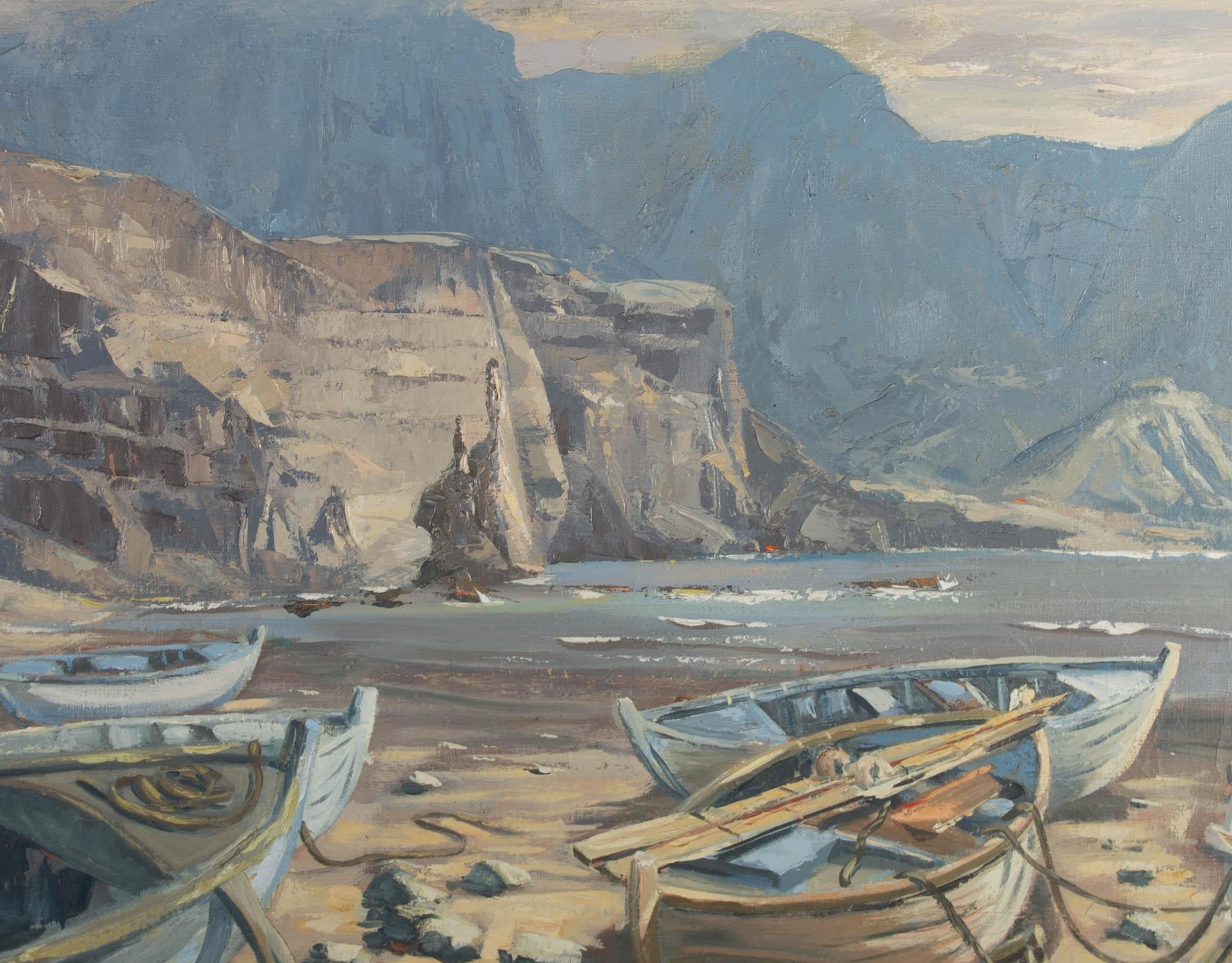 This fine oil study is titled 'The Barren Rocks of Aden' which is a march tune associated with the Highlander's Regiment. In the foreground row boats sit beached on the sand before choppy waters and towering cliffs. The artist has used a muted