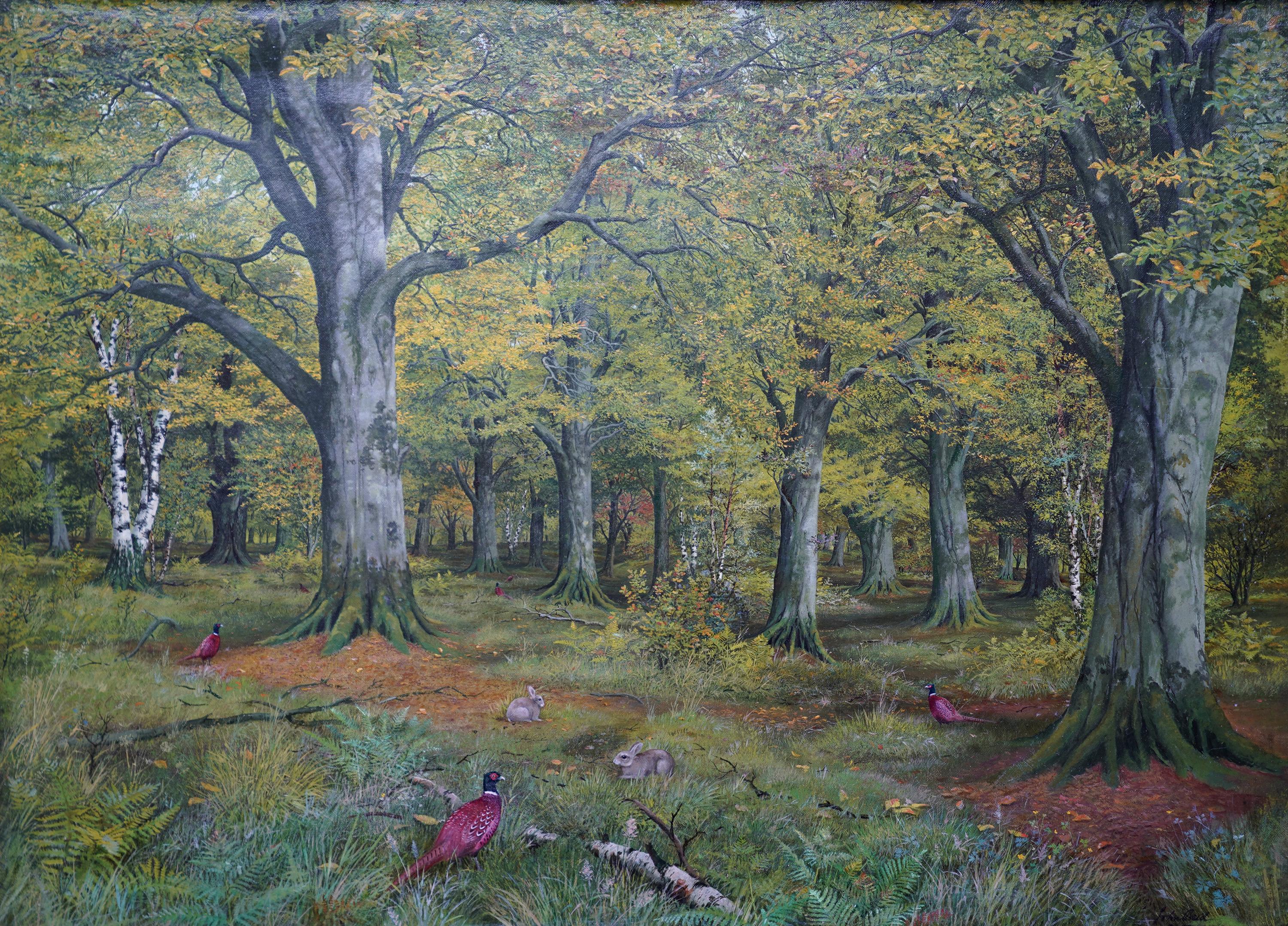 Pheasants in a Woodland - Scottish Victorian art animal landscape oil painting - Painting by John Reid