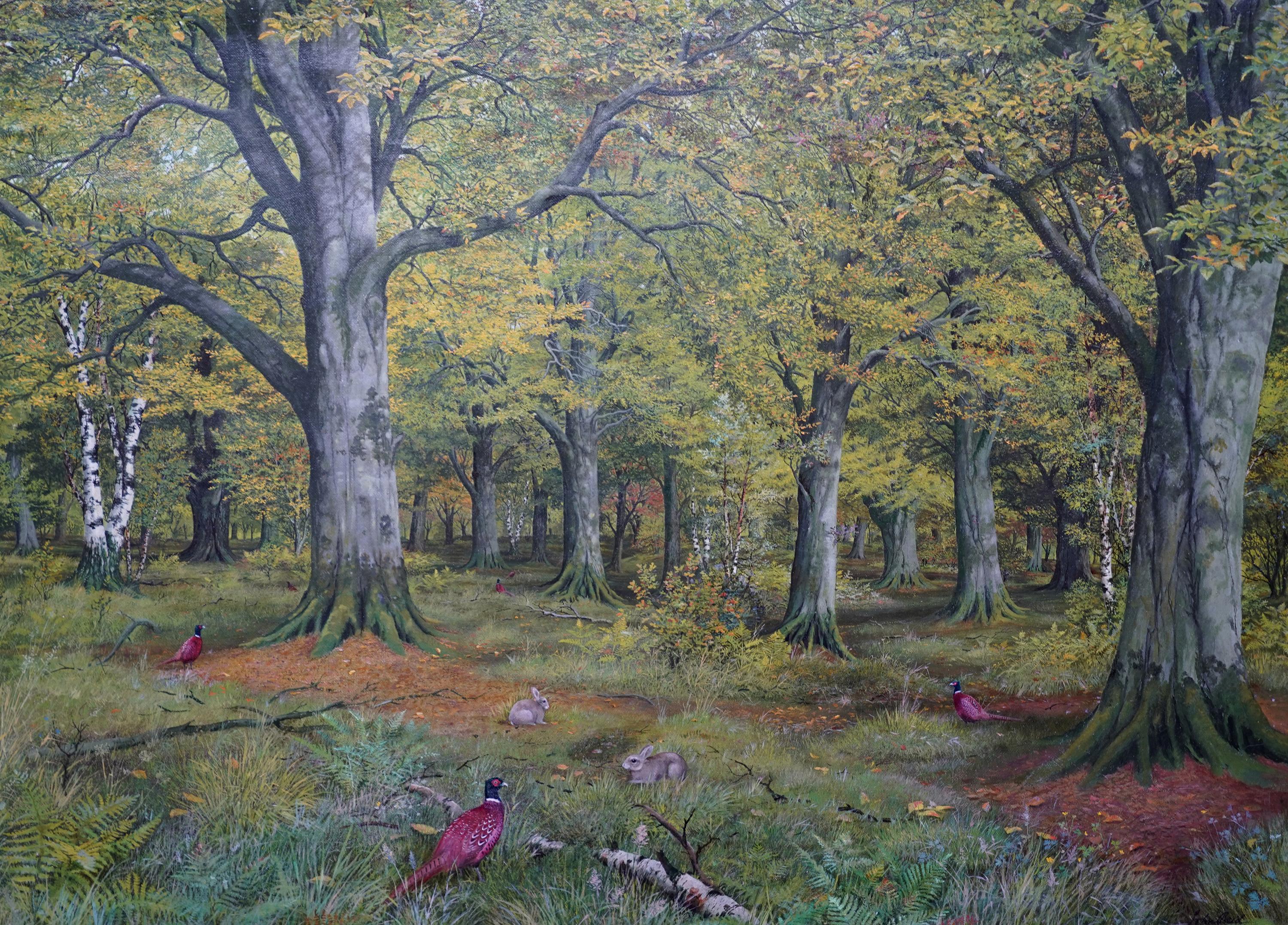 Pheasants in a Woodland – schottisches viktorianisches Tier-Landschafts-Ölgemälde (Realismus), Painting, von John Reid