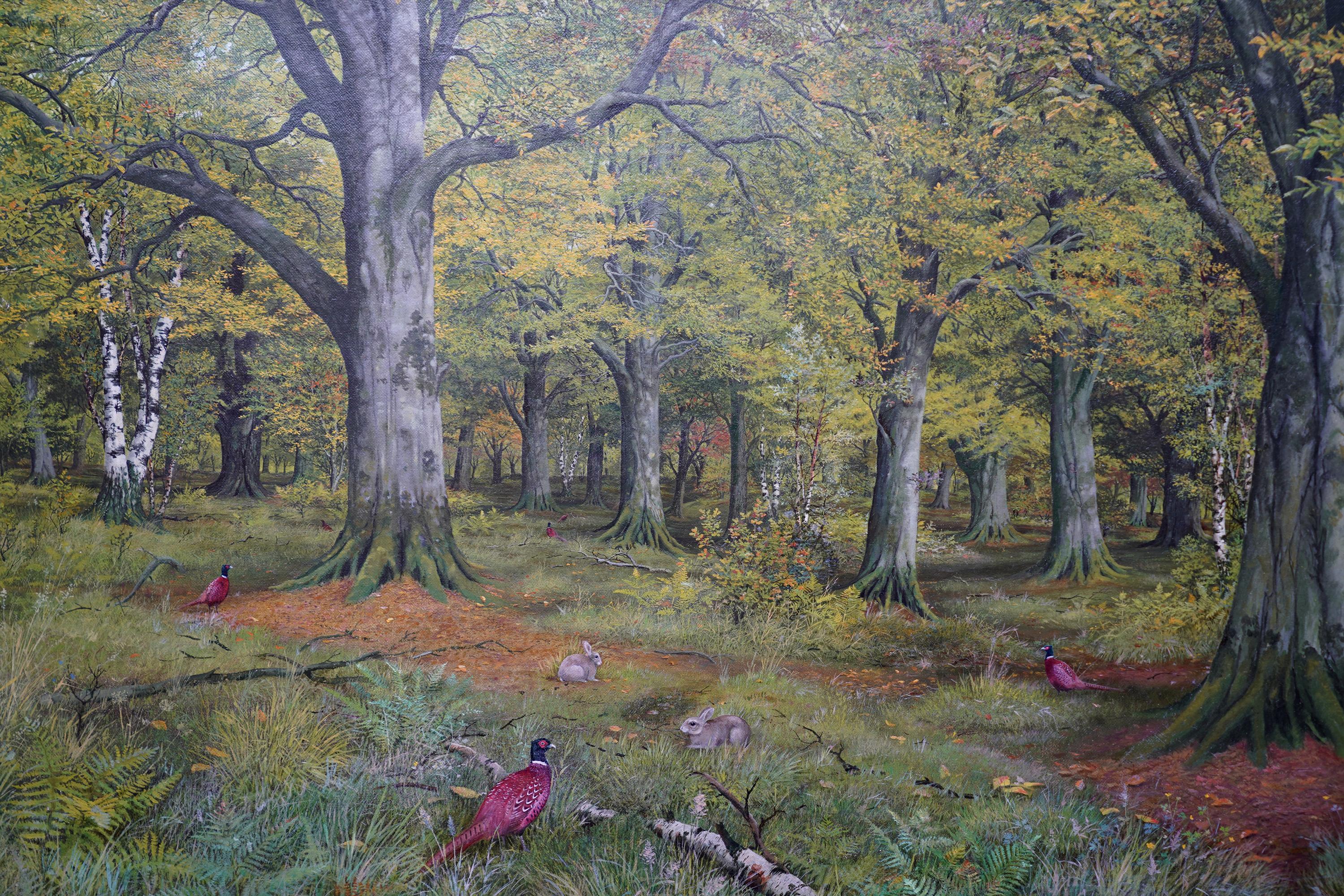 Pheasants in a Woodland - Scottish Victorian art animal landscape oil painting - Realist Painting by John Reid