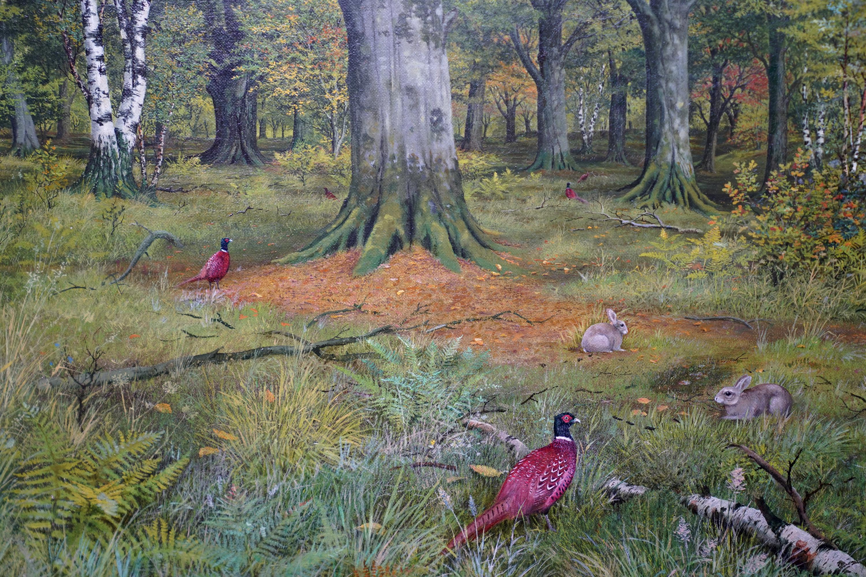 This lovely Scottish Victorian woodland landscape oil painting is by noted Scottish artist John Reid. Painted and exhibited in 1880 at the Royal Scottish Academy, the location is Morden or Moredun Wood in Edinburgh. A number of pheasants plus two
