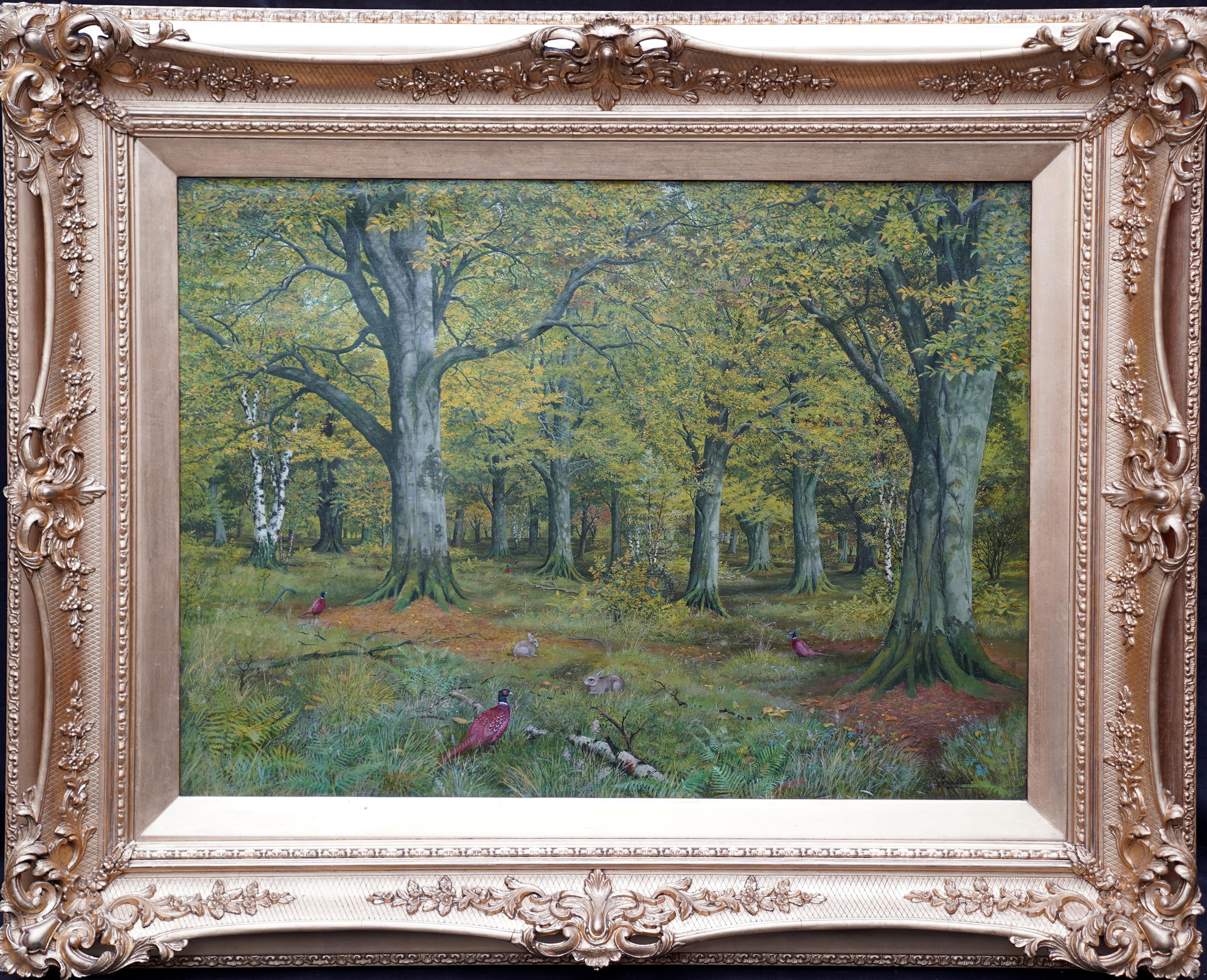 John Reid Landscape Painting - Pheasants in a Woodland - Scottish Victorian art animal landscape oil painting