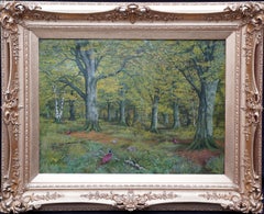 Antique Pheasants in a Woodland - Scottish Victorian art animal landscape oil painting