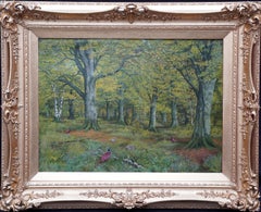 Pheasants in a Woodland - Scottish Victorian art animal landscape oil painting