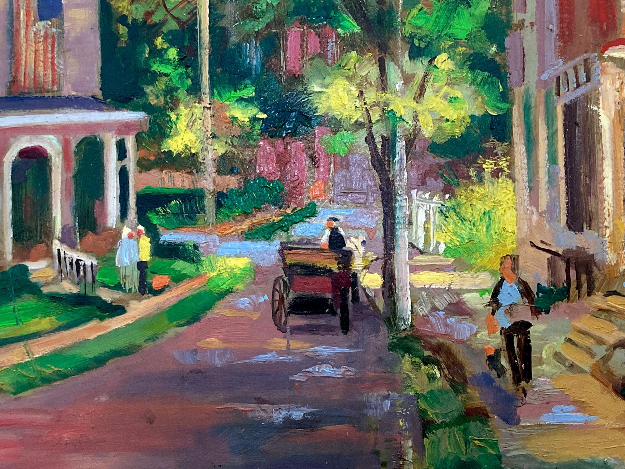 A joyous colorful street scene painting depicting the peaceful Lambertville village in New Jersey with much depth and detail. The piece is done in a highly impressionistic manner and is a wonderful display of Reilly's more impromptu style, with bold
