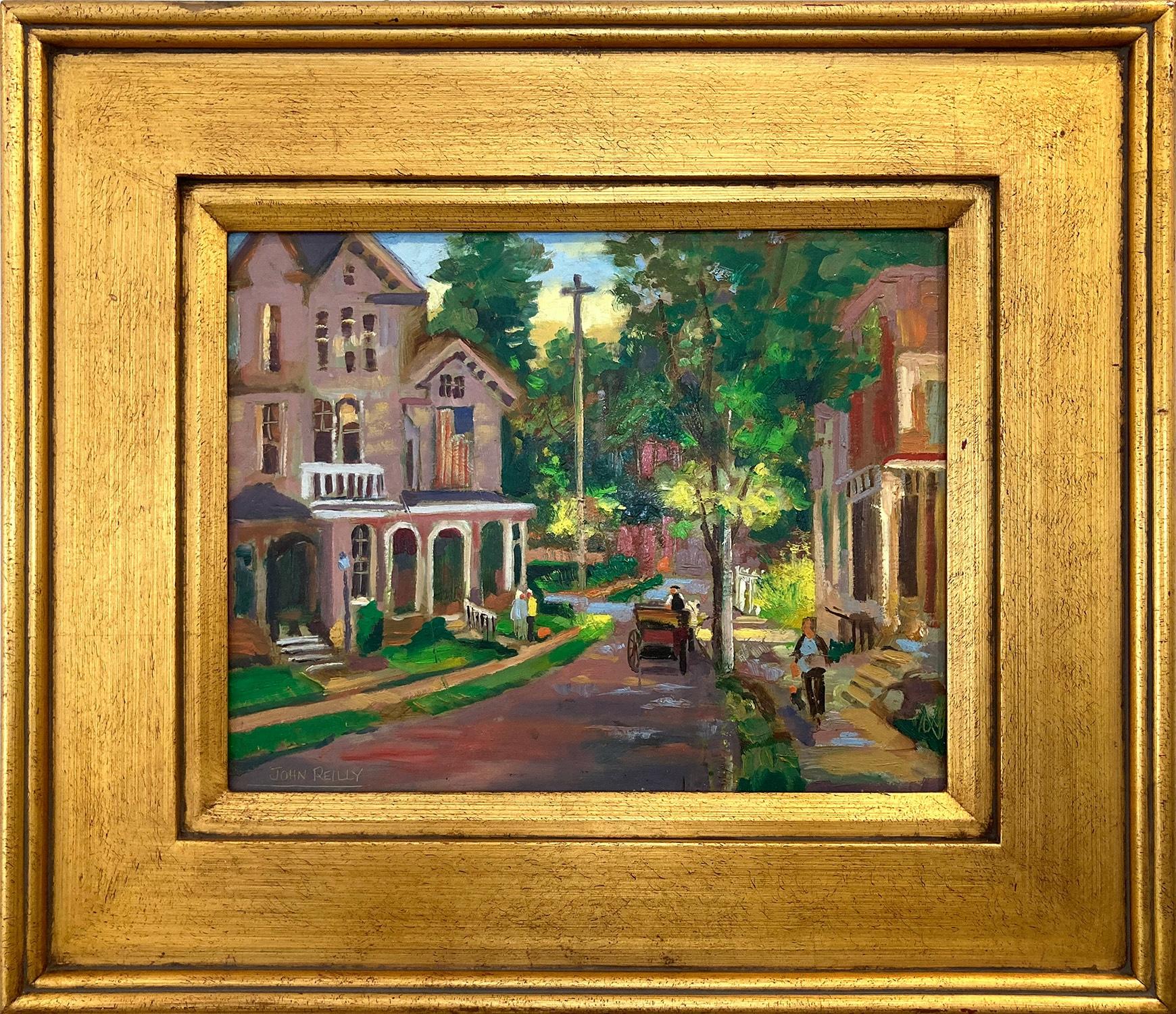 John Reilly  Landscape Painting - "Lambertville" Post-Impressionist Colorful Town Street Scene Oil Painting Framed