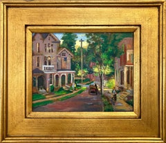 "Lambertville" Post-Impressionist Colorful Town Street Scene Oil Painting Framed