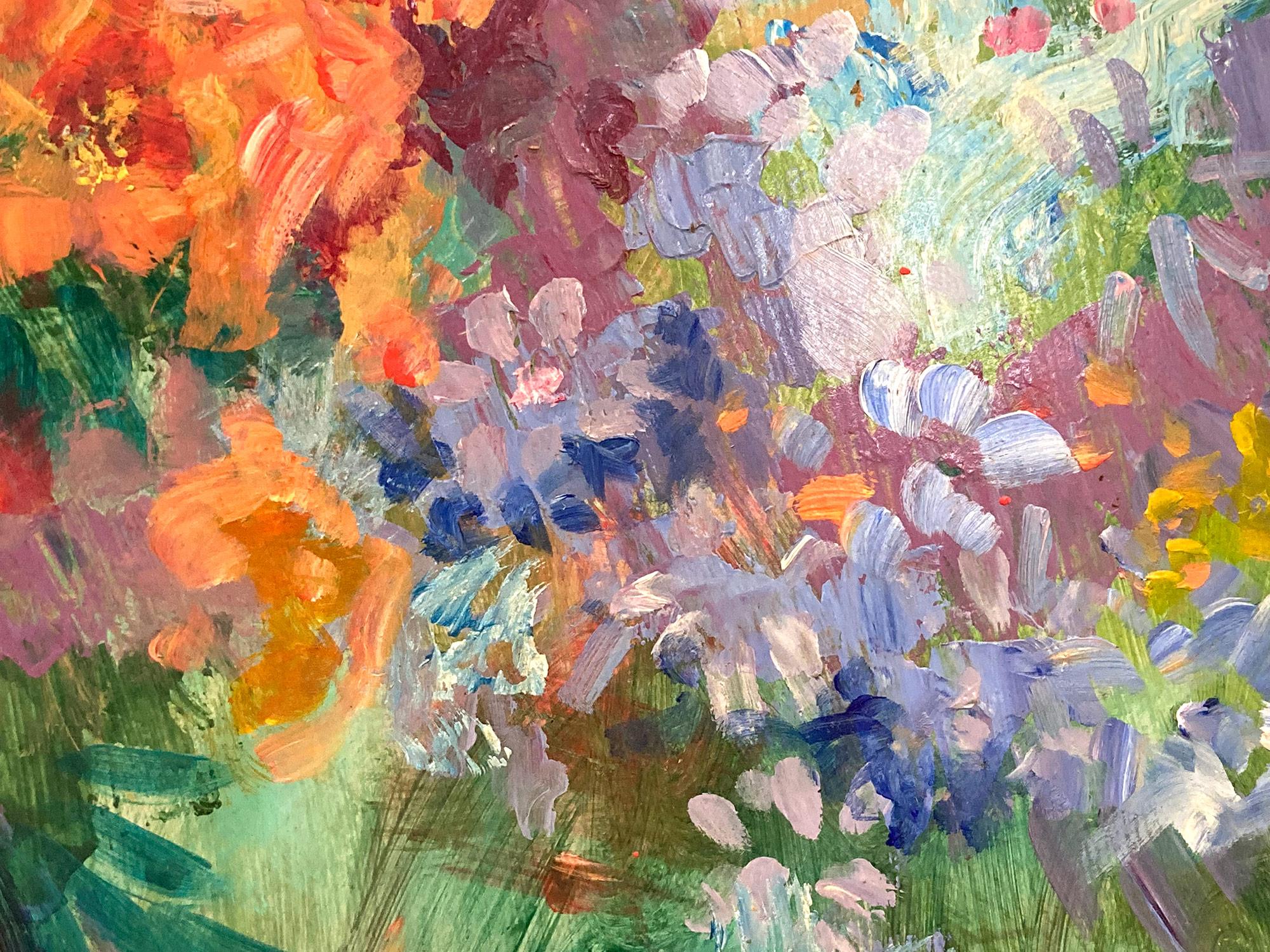 Ein fröhliches, farbenfrohes Blumenstillleben, das einen Strauß frisch gepflückter Blumen zeigt, die mühelos platziert wurden. Das Werk ist sehr impressionistisch gehalten und zeigt Reillys eher improvisierten Stil mit kräftigen Farben in fröhlichem