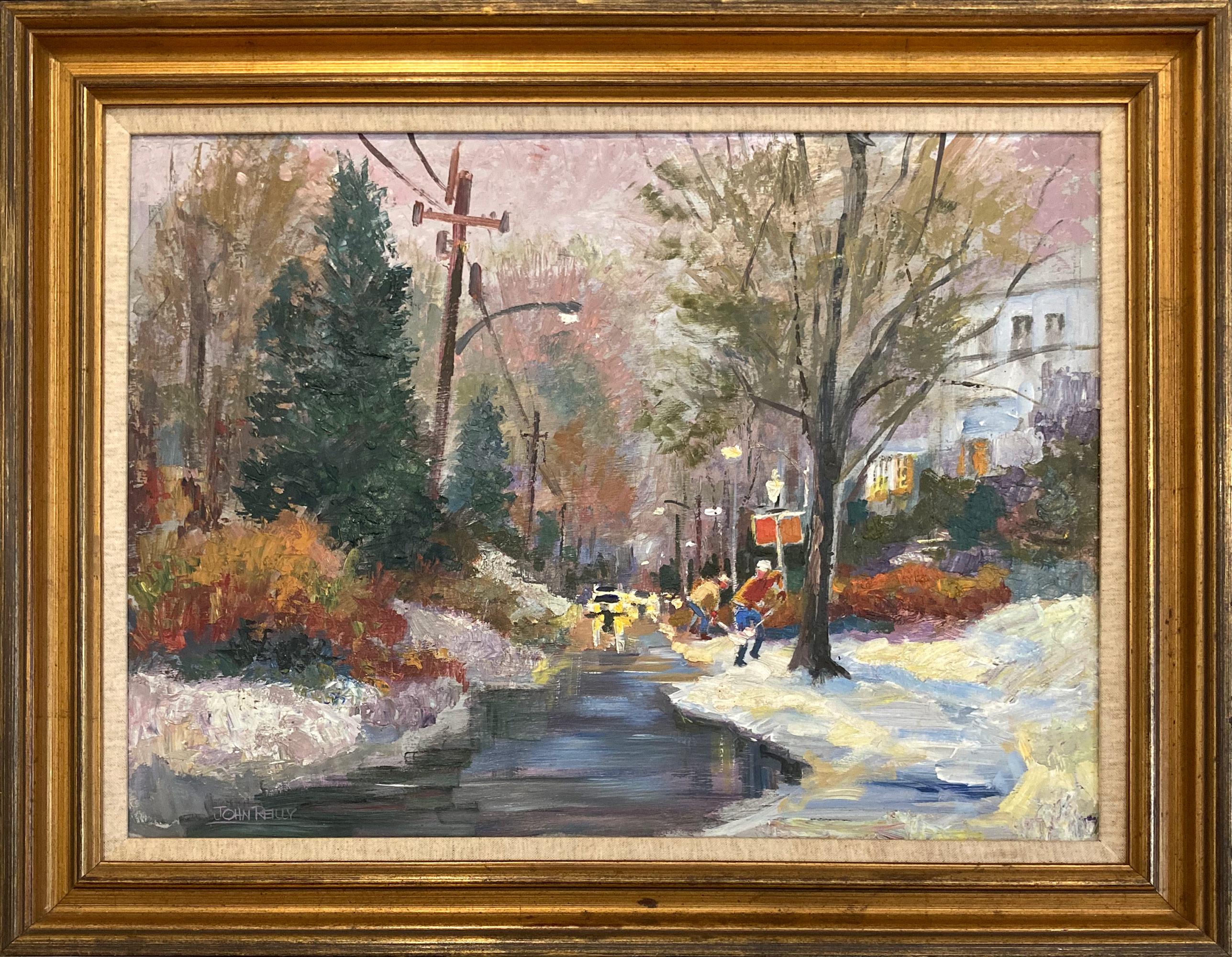 "Shoveling Out" Post-Impressionist Colorful Winter Scene Oil Painting Framed