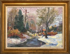 "Shoveling Out" Post-Impressionist Colorful Winter Scene Oil Painting Framed