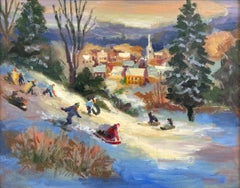 "Schneetag Schlittenfahren" Postimpressionistische farbenfrohe Winterszene Ölgemälde Gerahmt