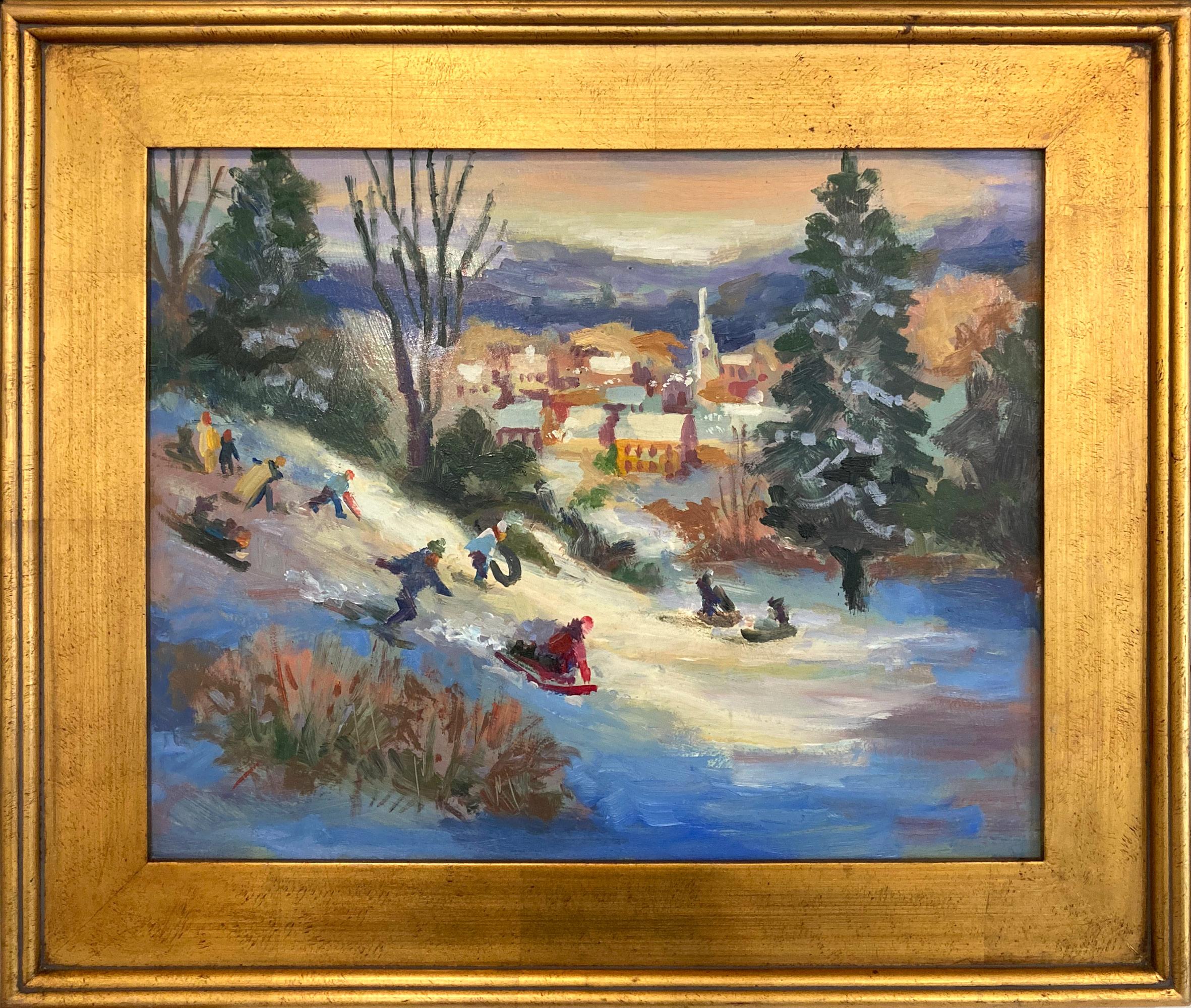 John Reilly  Figurative Painting - "Snow Day Sledding" Post-Impressionist Colorful Winter Scene Oil Painting Framed