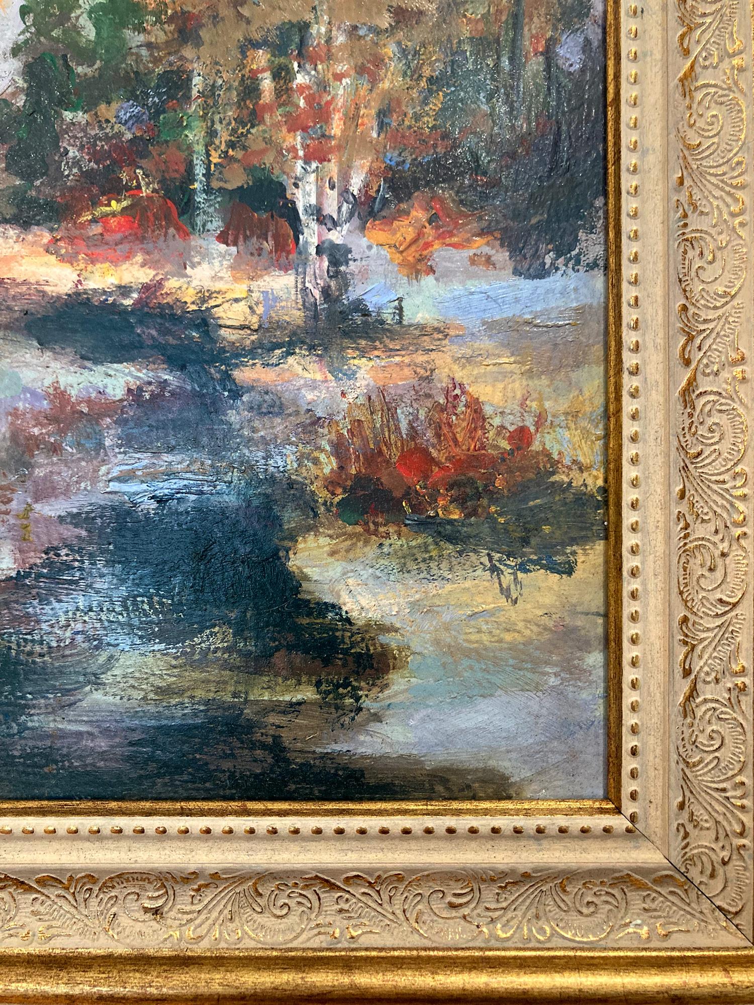 Un gioioso dipinto di campagna colorato che raffigura un paesaggio sereno, catturando una scena invernale con alberi, fogliame e un ruscello con toni vivaci e tenui. L'opera è realizzata in modo altamente impressionistico ed è una splendida