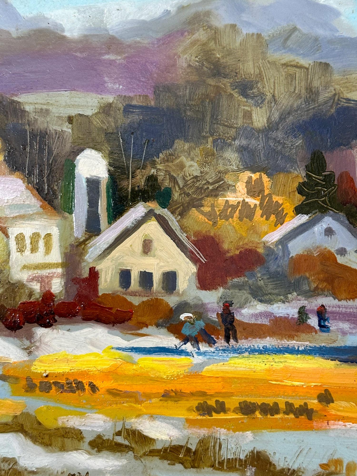 Un gioioso dipinto di campagna colorato che raffigura un paesaggio sereno, catturando una scena invernale con alberi, fogliame e un ruscello con toni vivaci e tenui. L'opera è realizzata in modo altamente impressionistico ed è una splendida