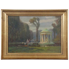 John Rettig Antique Oil on Board Rotunda Garden Landscape Figures Gazebo