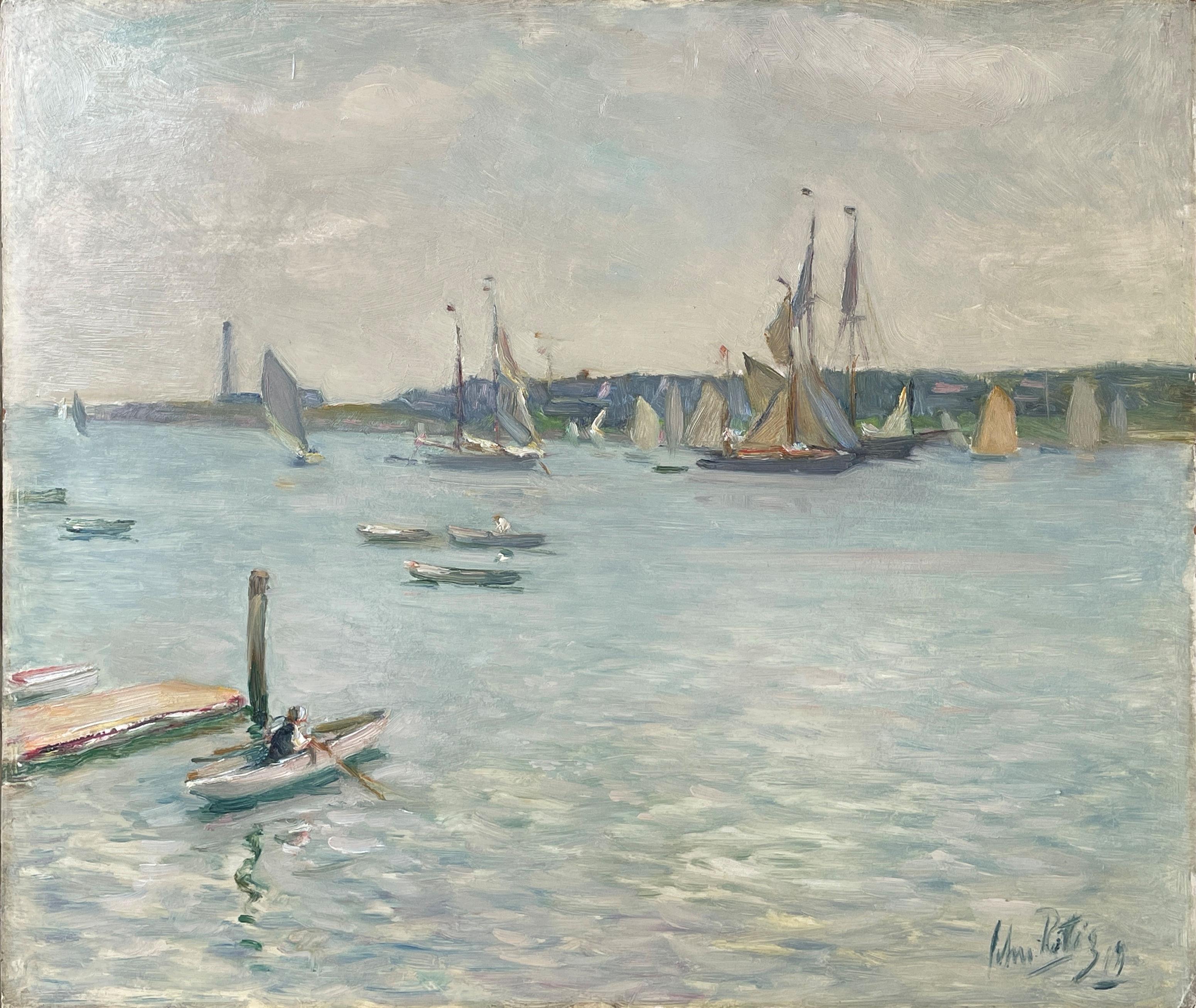 "Porto di Marblehead, giorno grigio" John Rettig, 1919 Opera di paesaggio marino