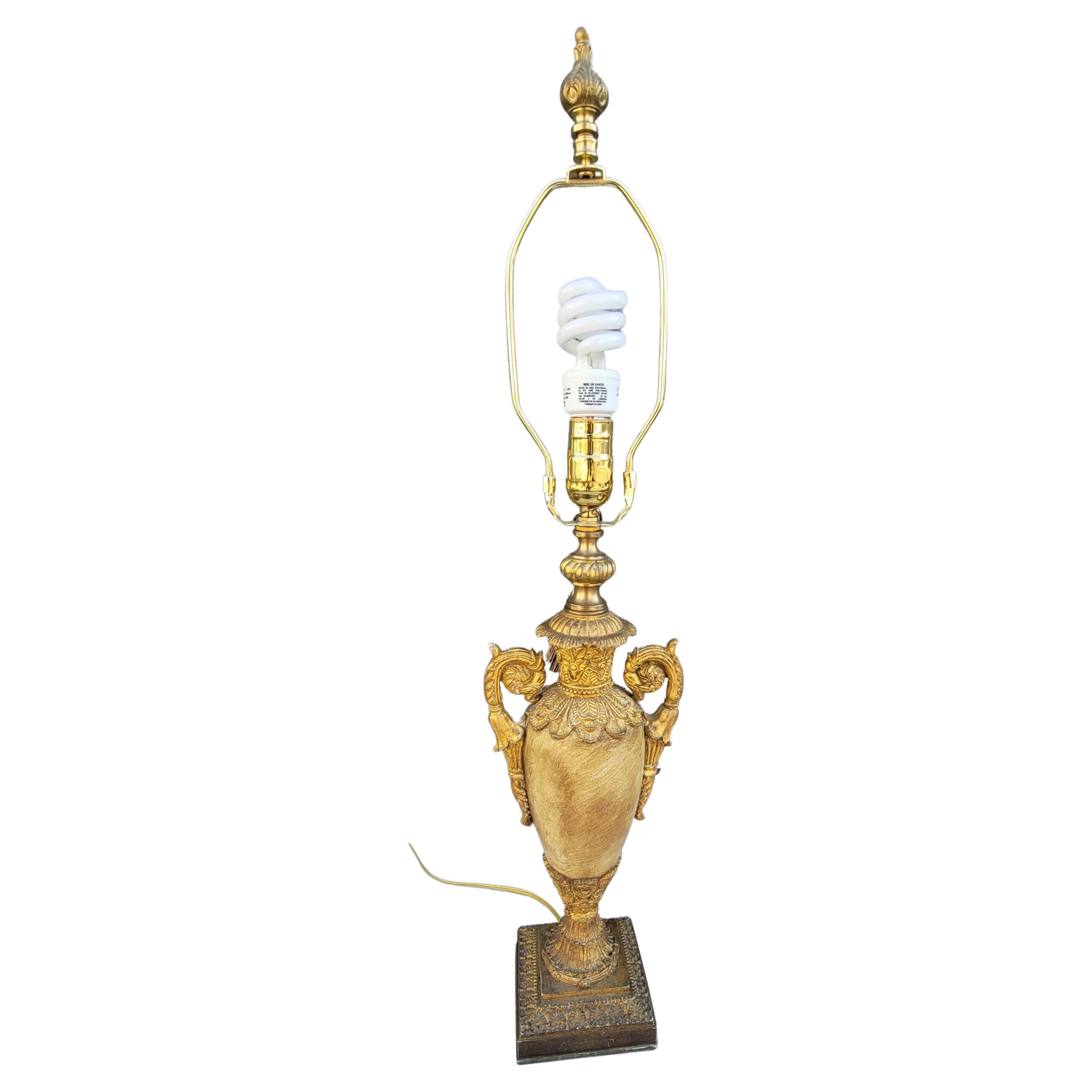Modern John Richard Antiqued Gilt Ornate Plaster Trophy Table Lamp w/ Original Shade For Sale