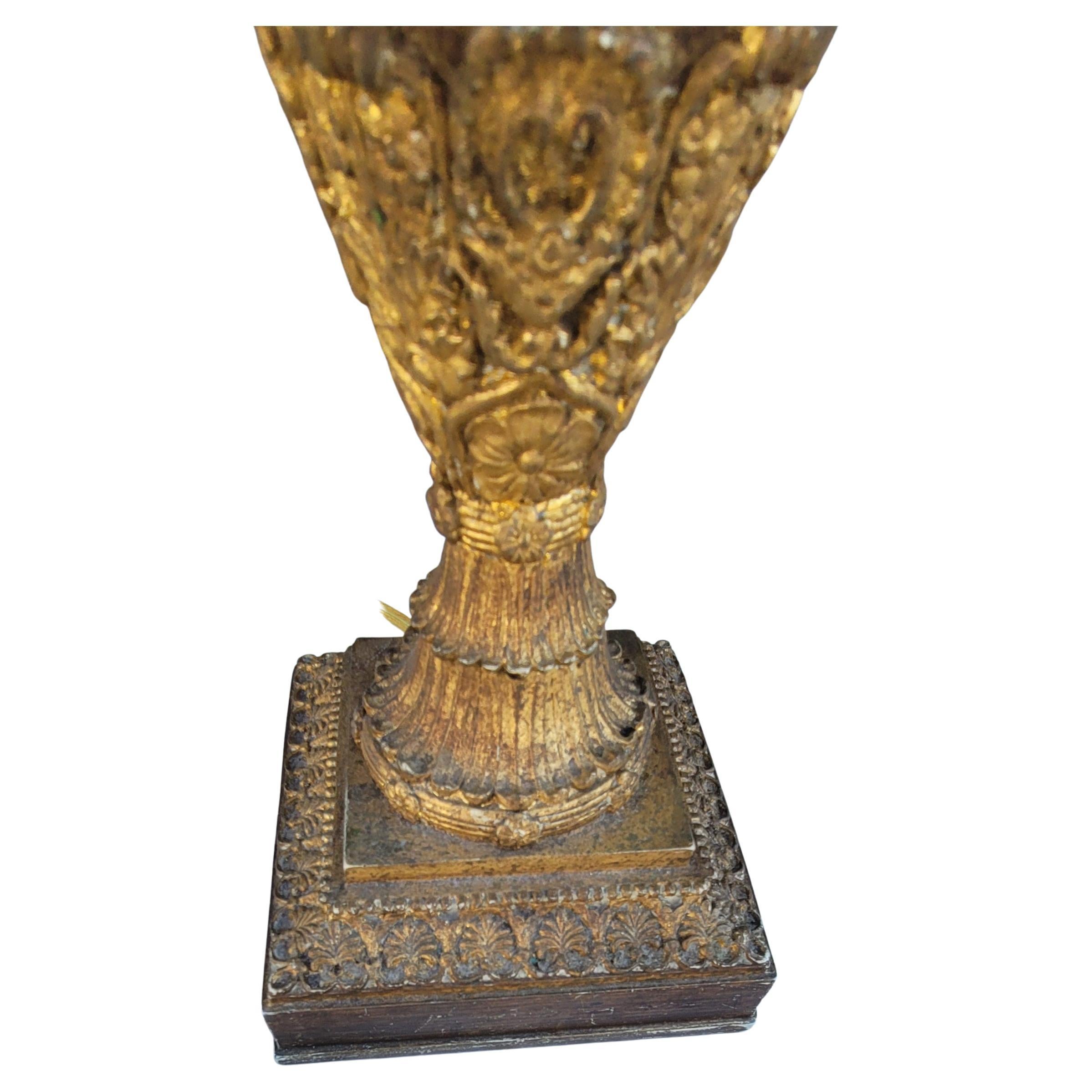 American John Richard Antiqued Gilt Ornate Plaster Trophy Table Lamp w/ Original Shade For Sale