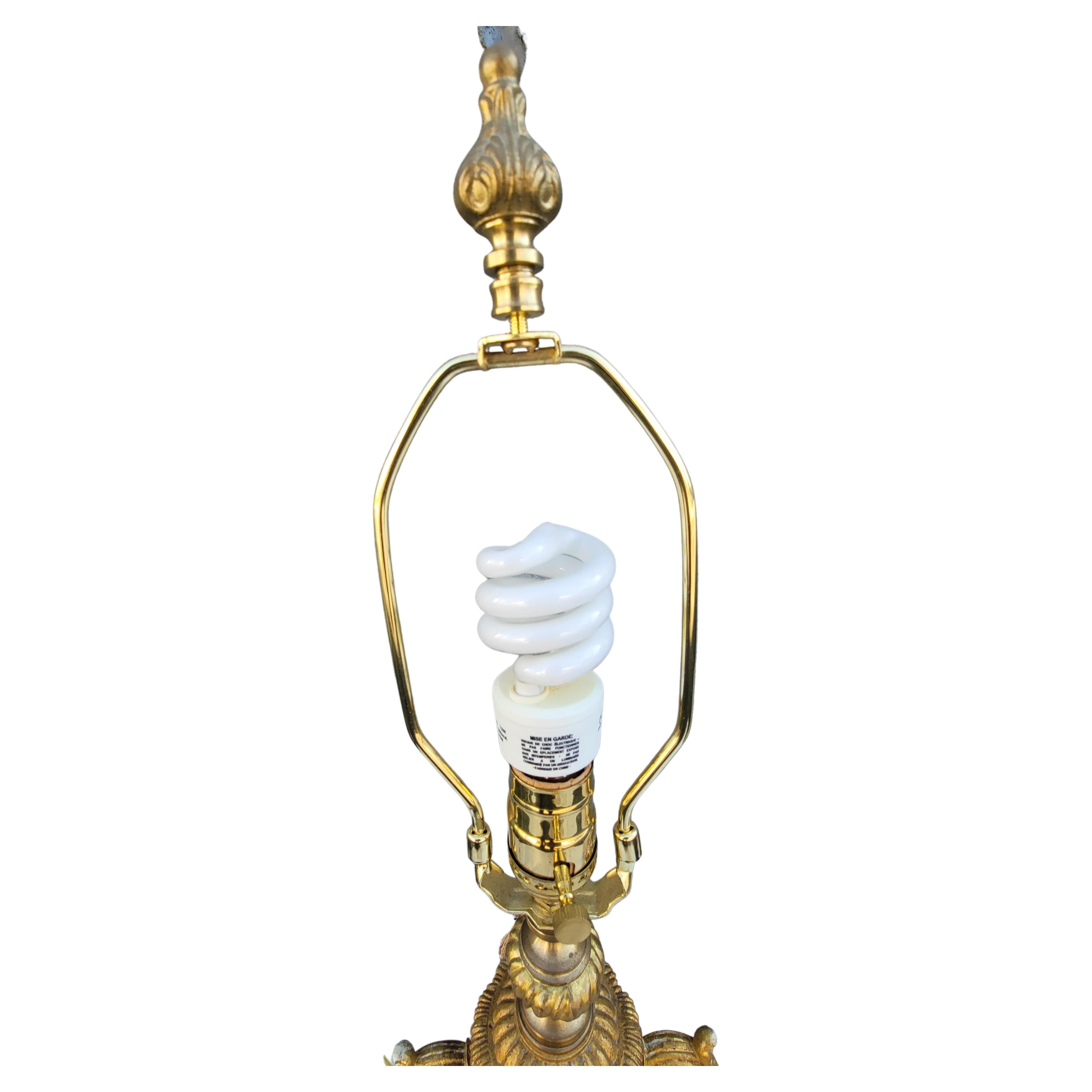 20th Century John Richard Antiqued Gilt Ornate Plaster Trophy Table Lamp w/ Original Shade For Sale