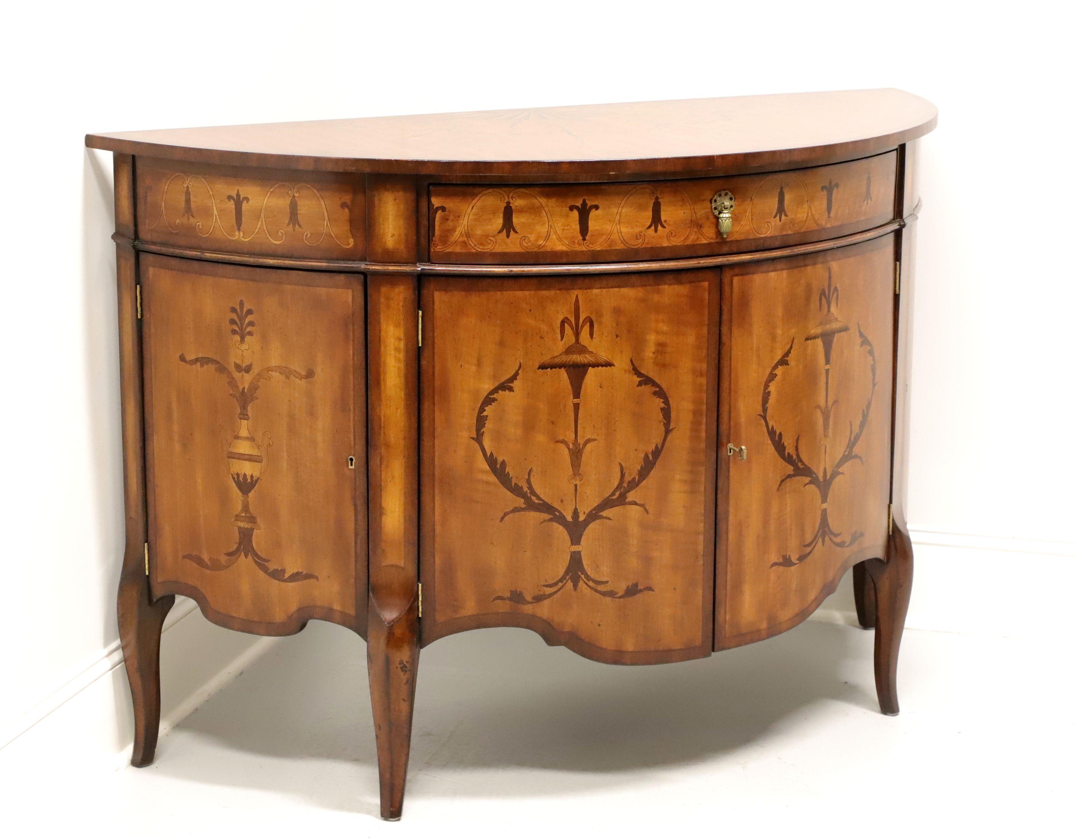 A George III style demilune console cabinet by John-Richard, from their European Crossroads Collection. Mahogany with inlaid marquetry detail and brass hardware. One inlaid center drawer over two inlaid center cabinet doors revealing storage with