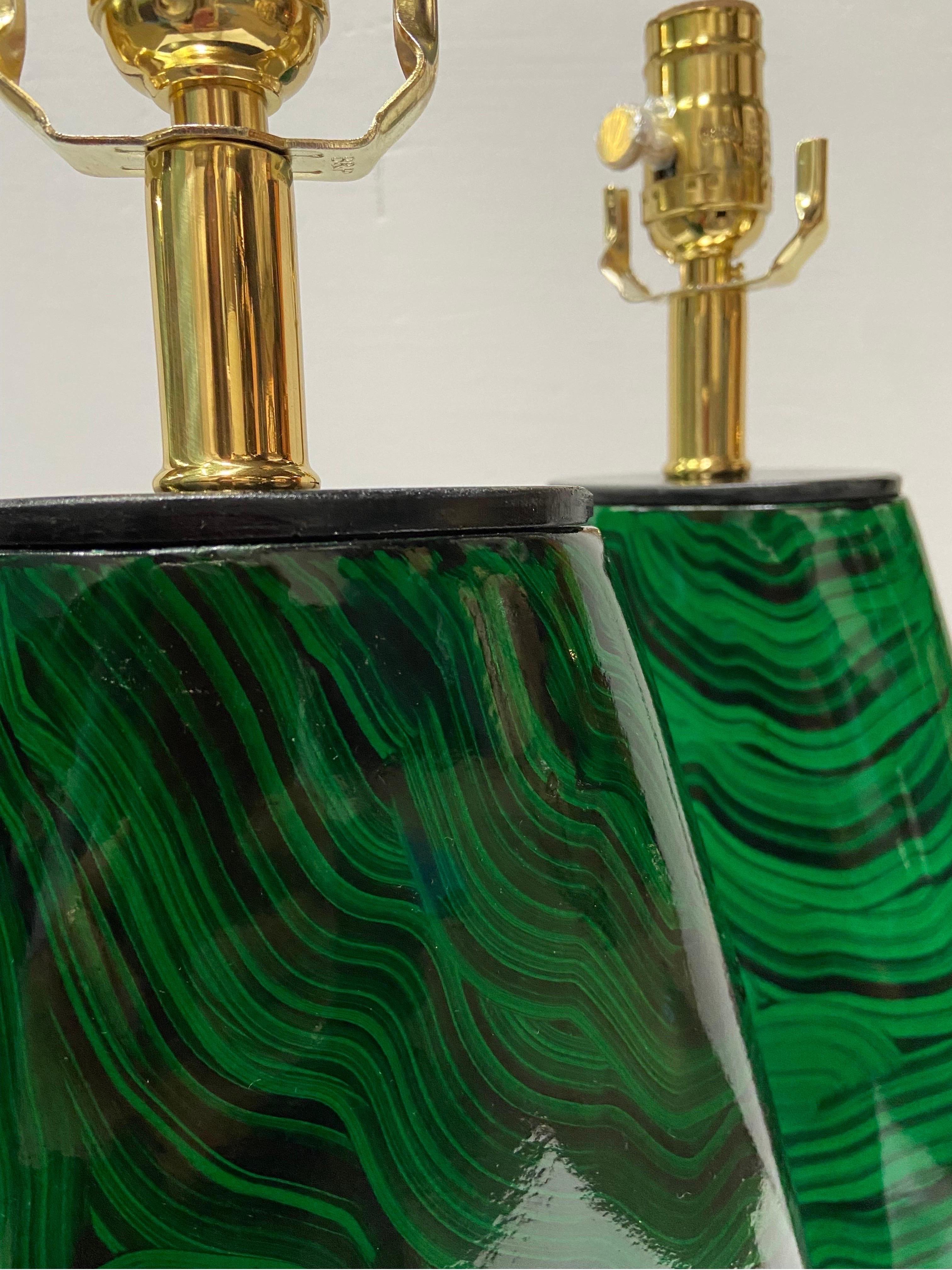 John Richard Faux Malachite Wood Table Lamps, Converted and Wired, a Pair For Sale 5