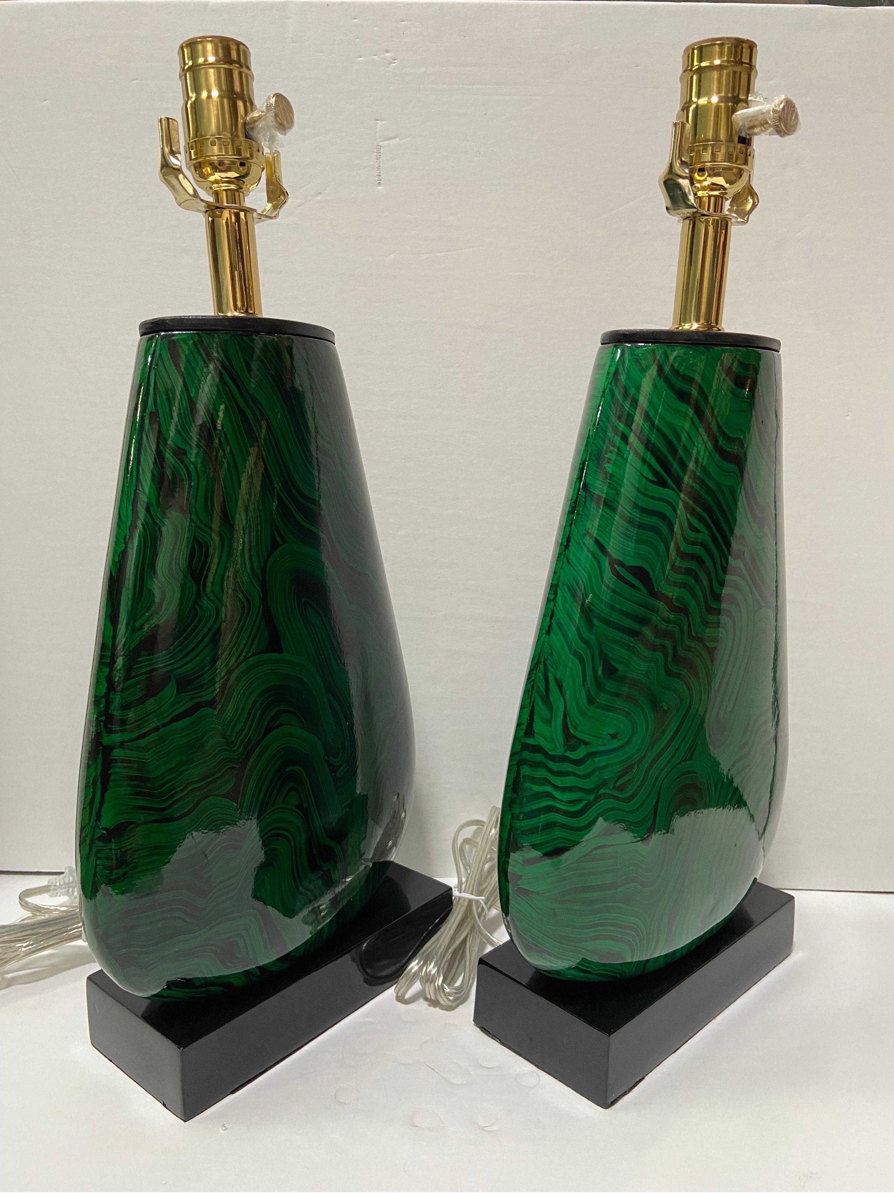 Asian John Richard Faux Malachite Wood Table Lamps, Converted and Wired, a Pair For Sale