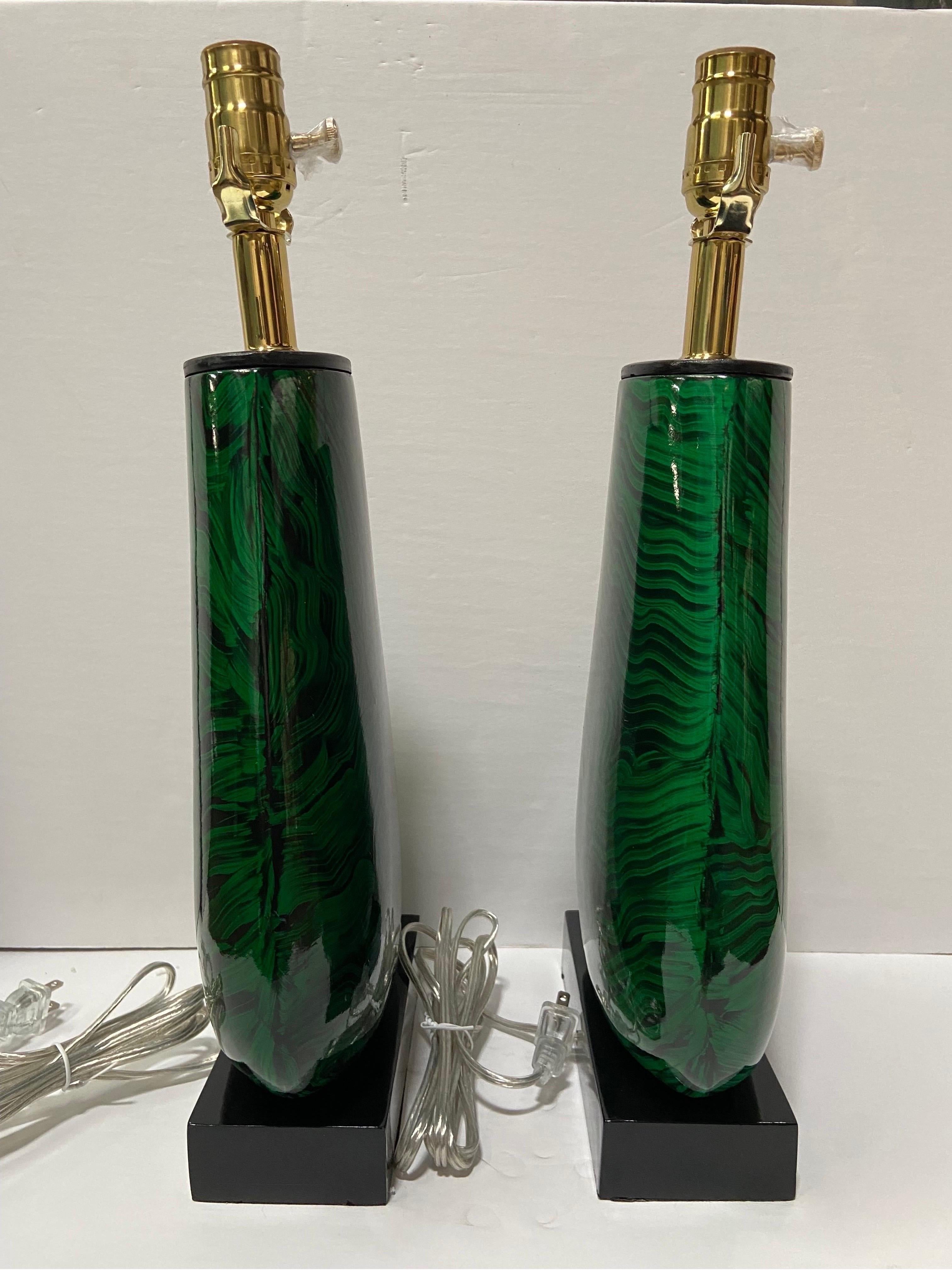 John Richard Faux Malachite Wood Table Lamps, Converted and Wired, a Pair In Good Condition For Sale In Atlanta, GA