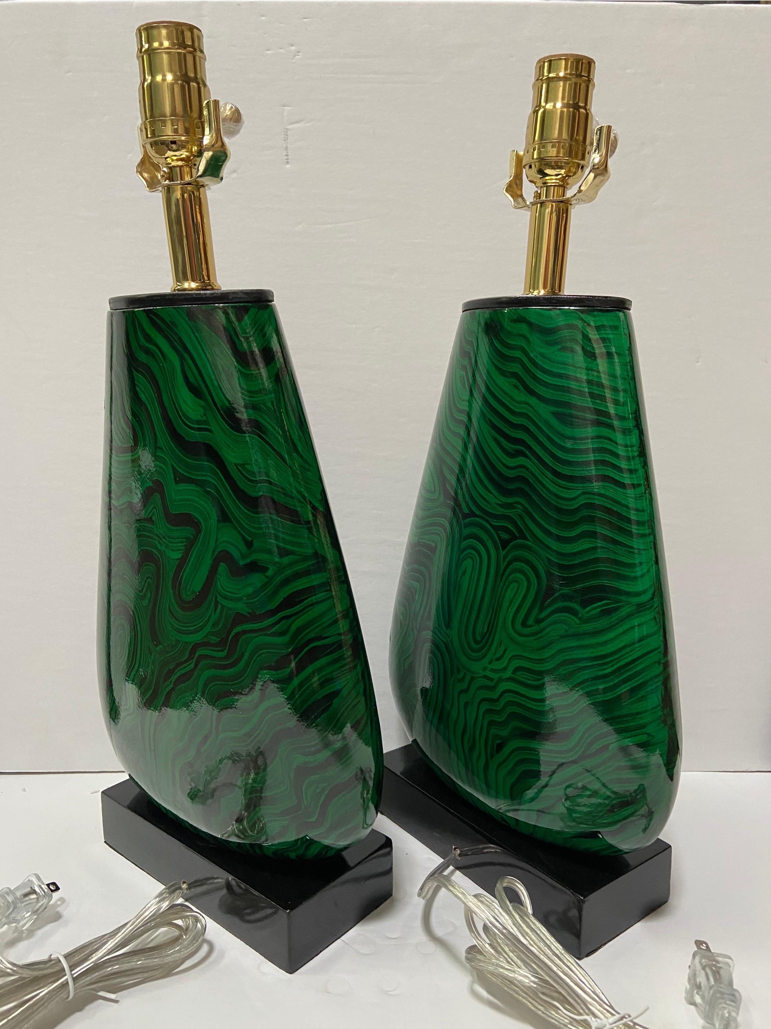 20th Century John Richard Faux Malachite Wood Table Lamps, Converted and Wired, a Pair For Sale