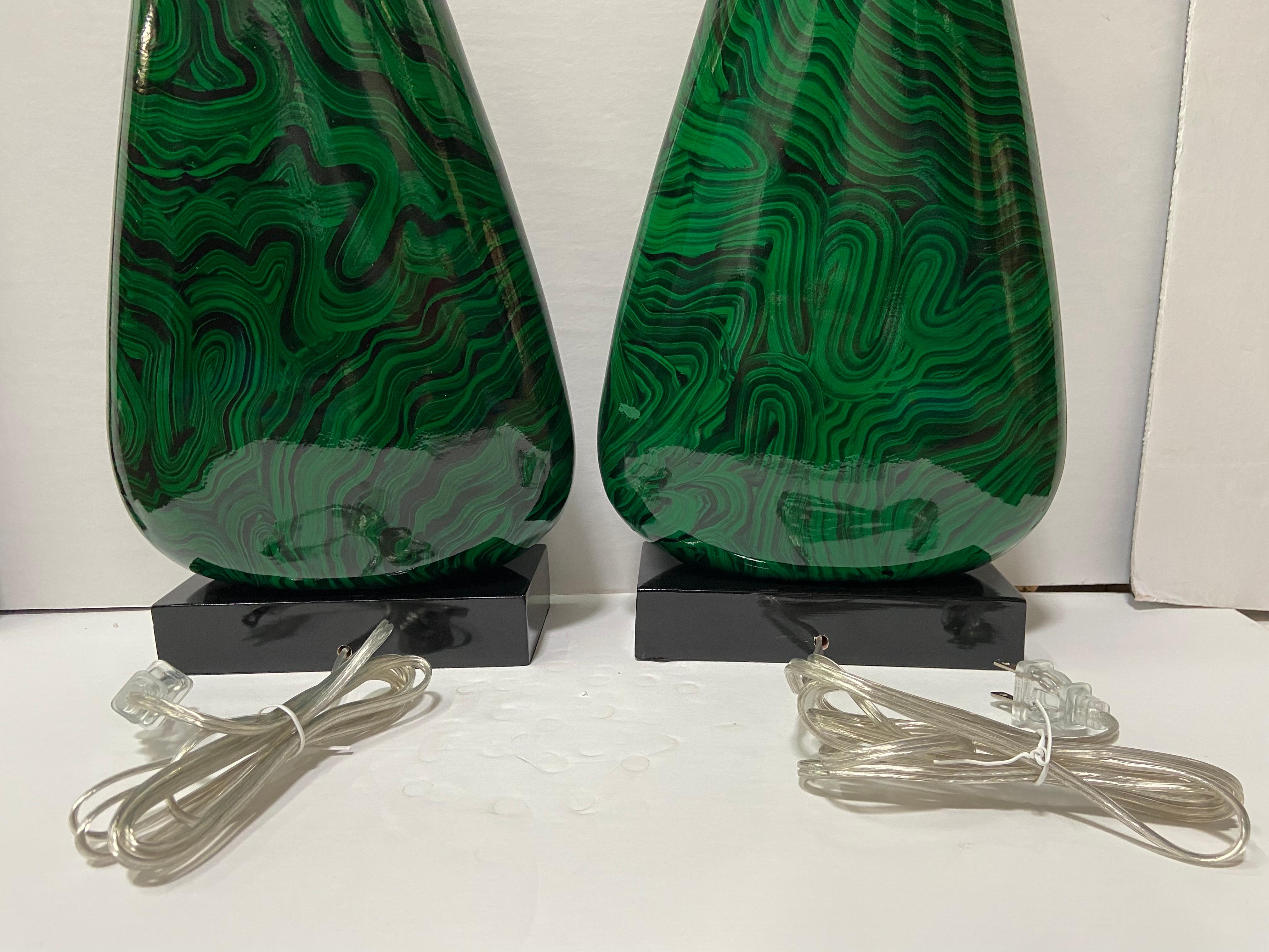 John Richard Faux Malachite Wood Table Lamps, Converted and Wired, a Pair For Sale 1