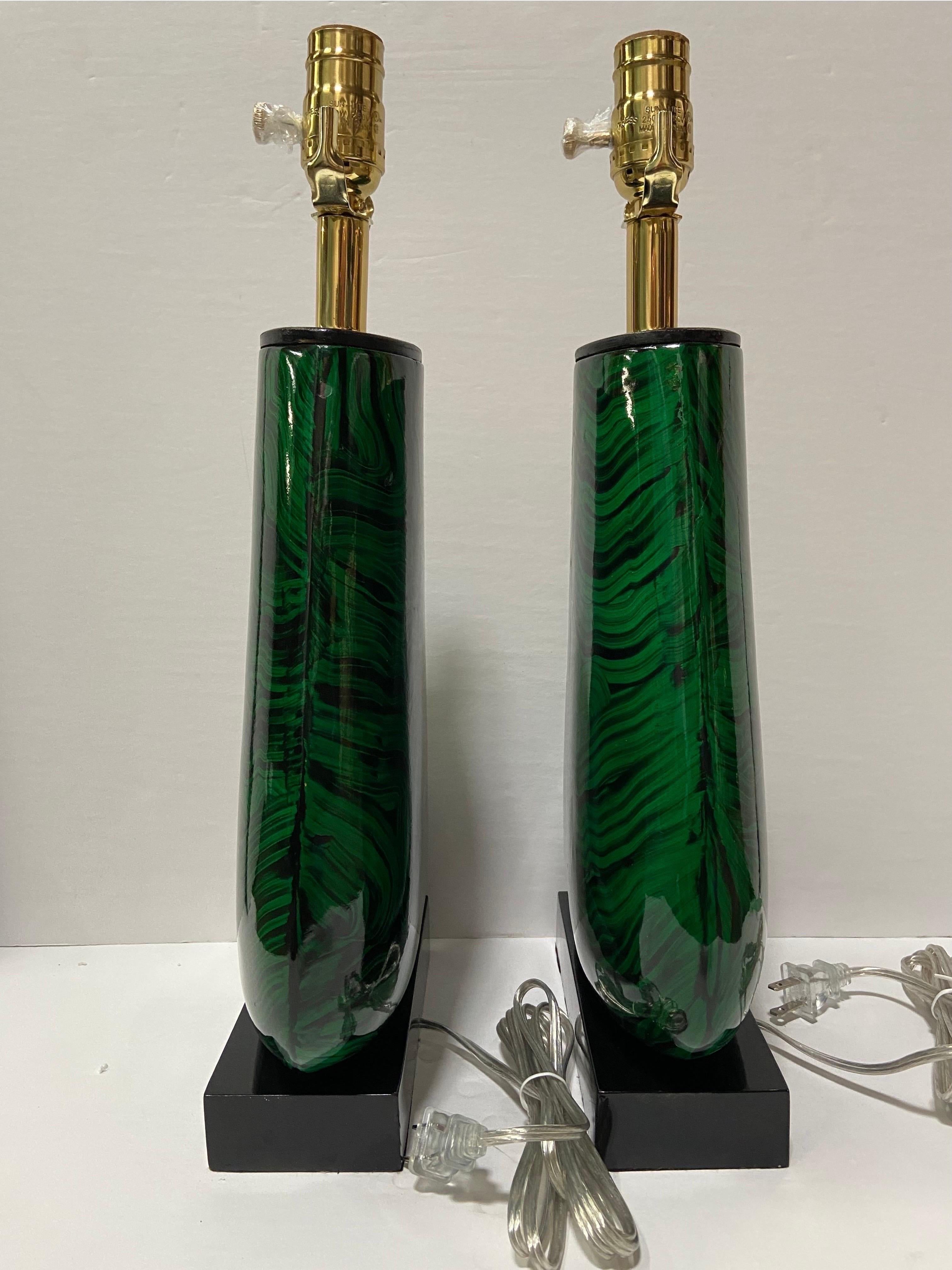 John Richard Faux Malachite Wood Table Lamps, Converted and Wired, a Pair For Sale 3