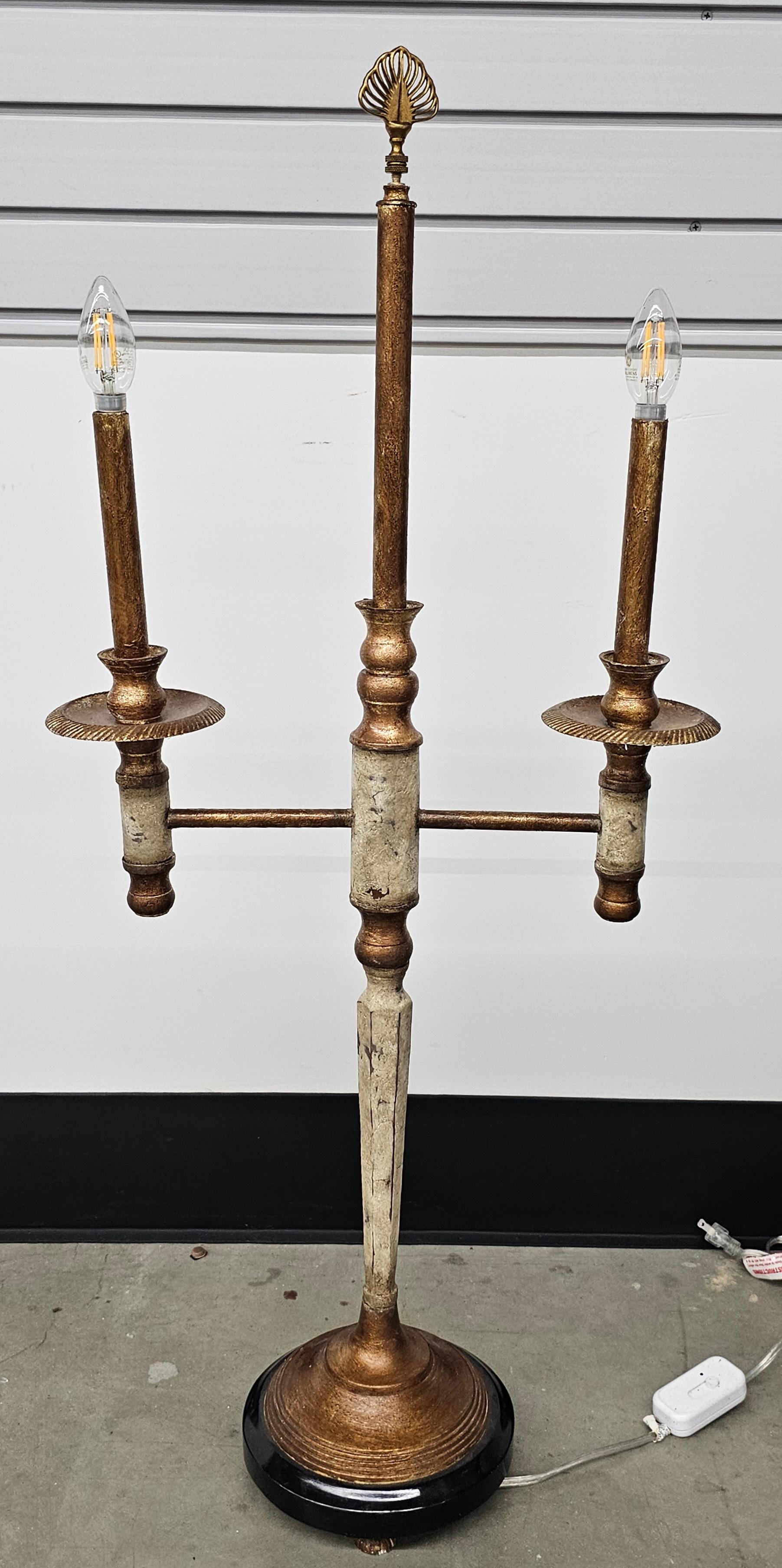 John Richard Metal Silver and Gold Painted Two Light Candelabra Table Lamp For Sale 4