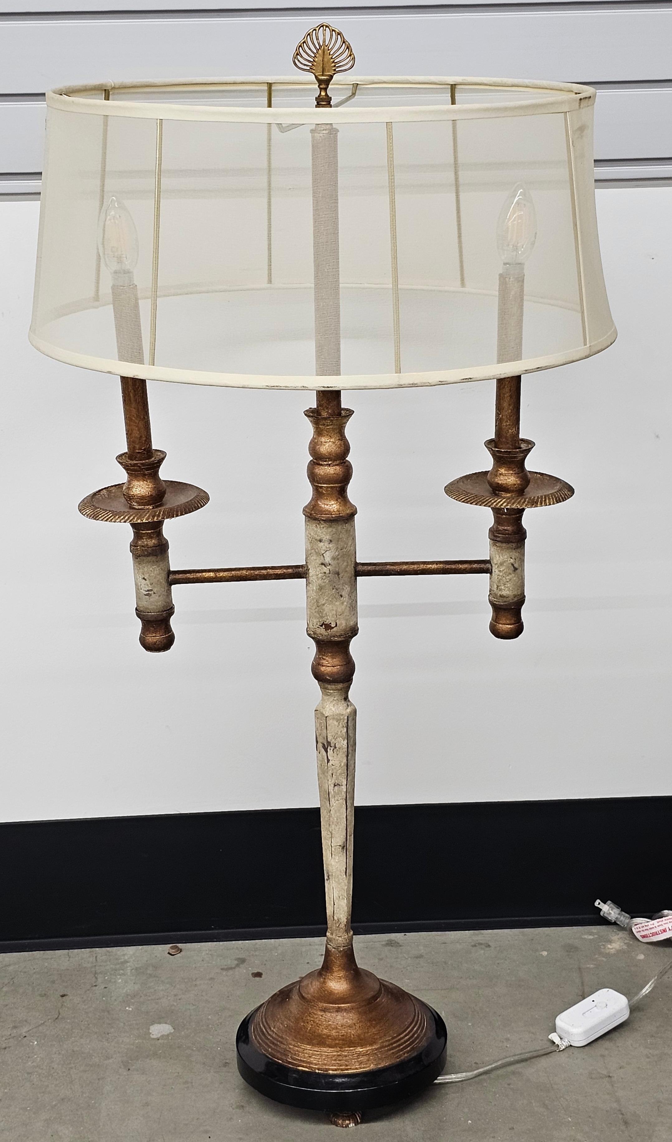 John Richard Metal Silver and Gold Painted Two Light Candelabra Table Lamp with French sheer shade.
Measures 18