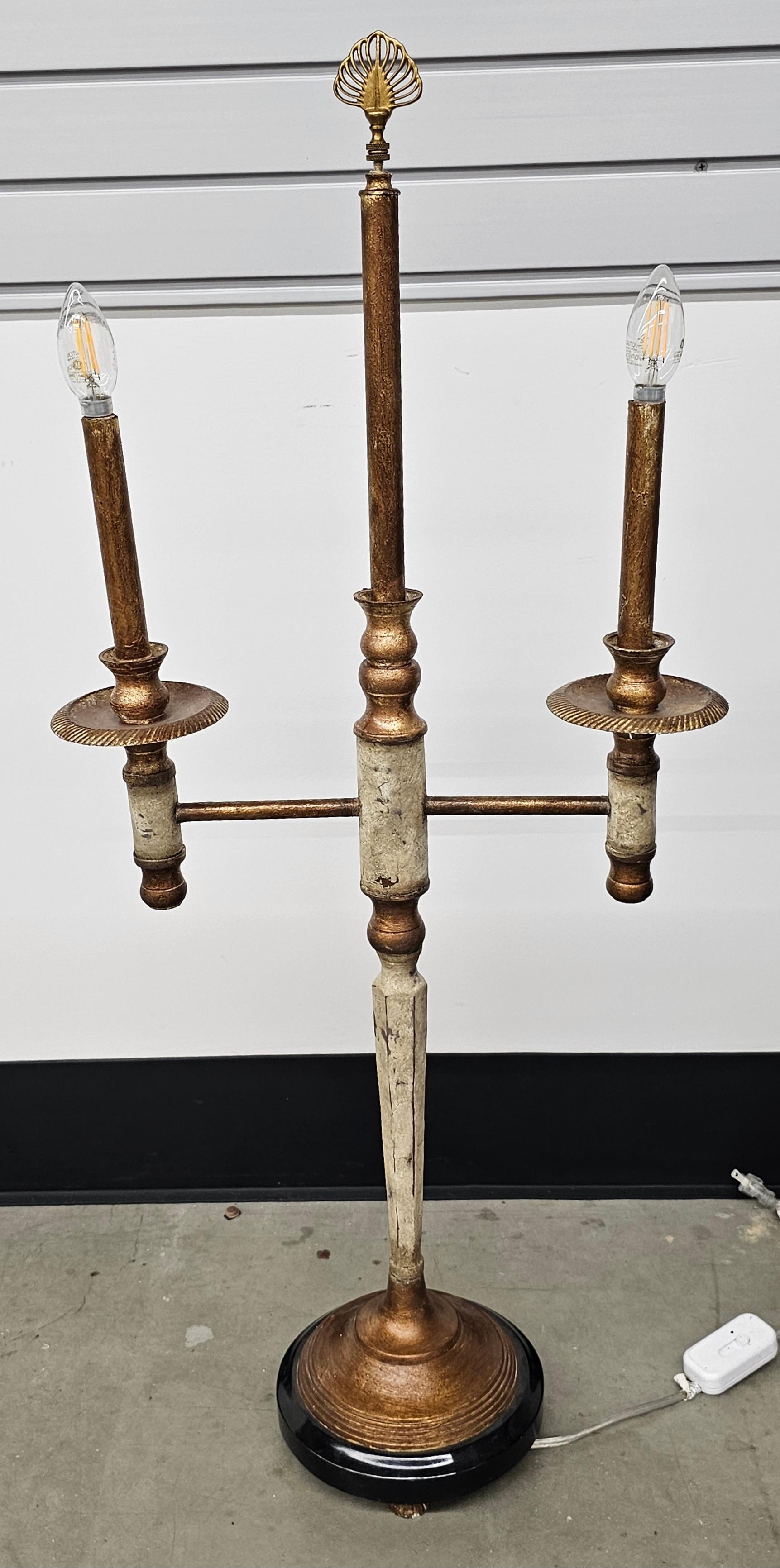 John Richard Metal Silver and Gold Painted Two Light Candelabra Table Lamp For Sale 2