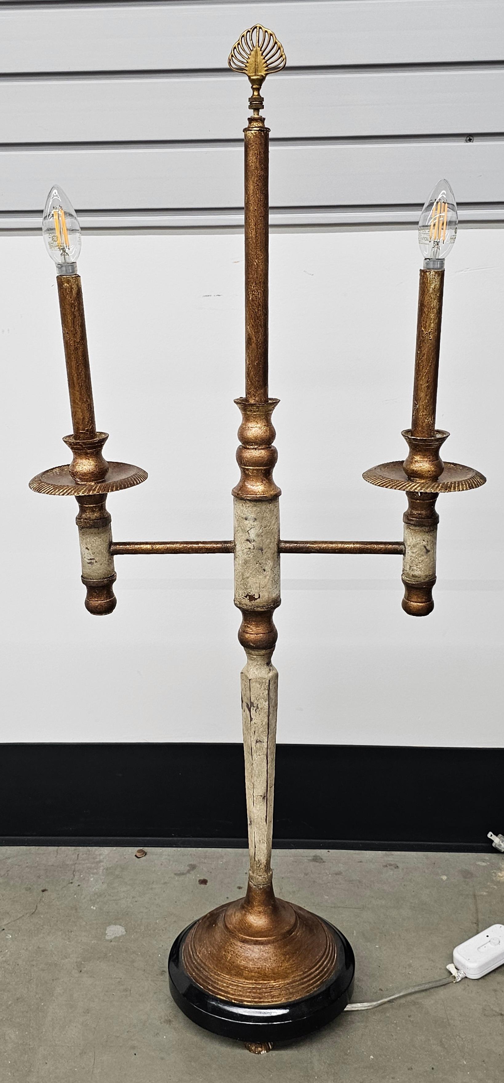 John Richard Metal Silver and Gold Painted Two Light Candelabra Table Lamp For Sale 3