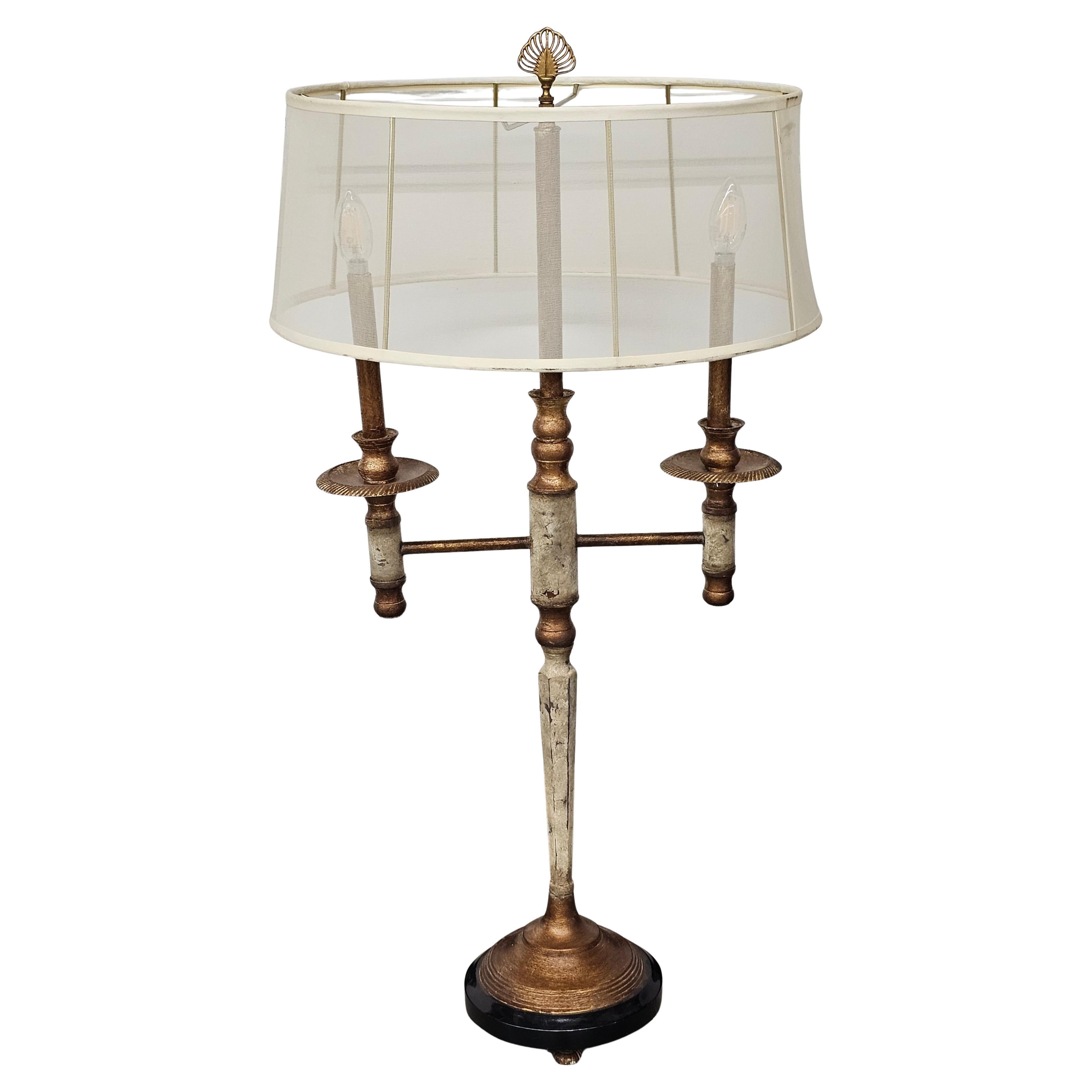 John Richard Metal Silver and Gold Painted Two Light Candelabra Table Lamp For Sale