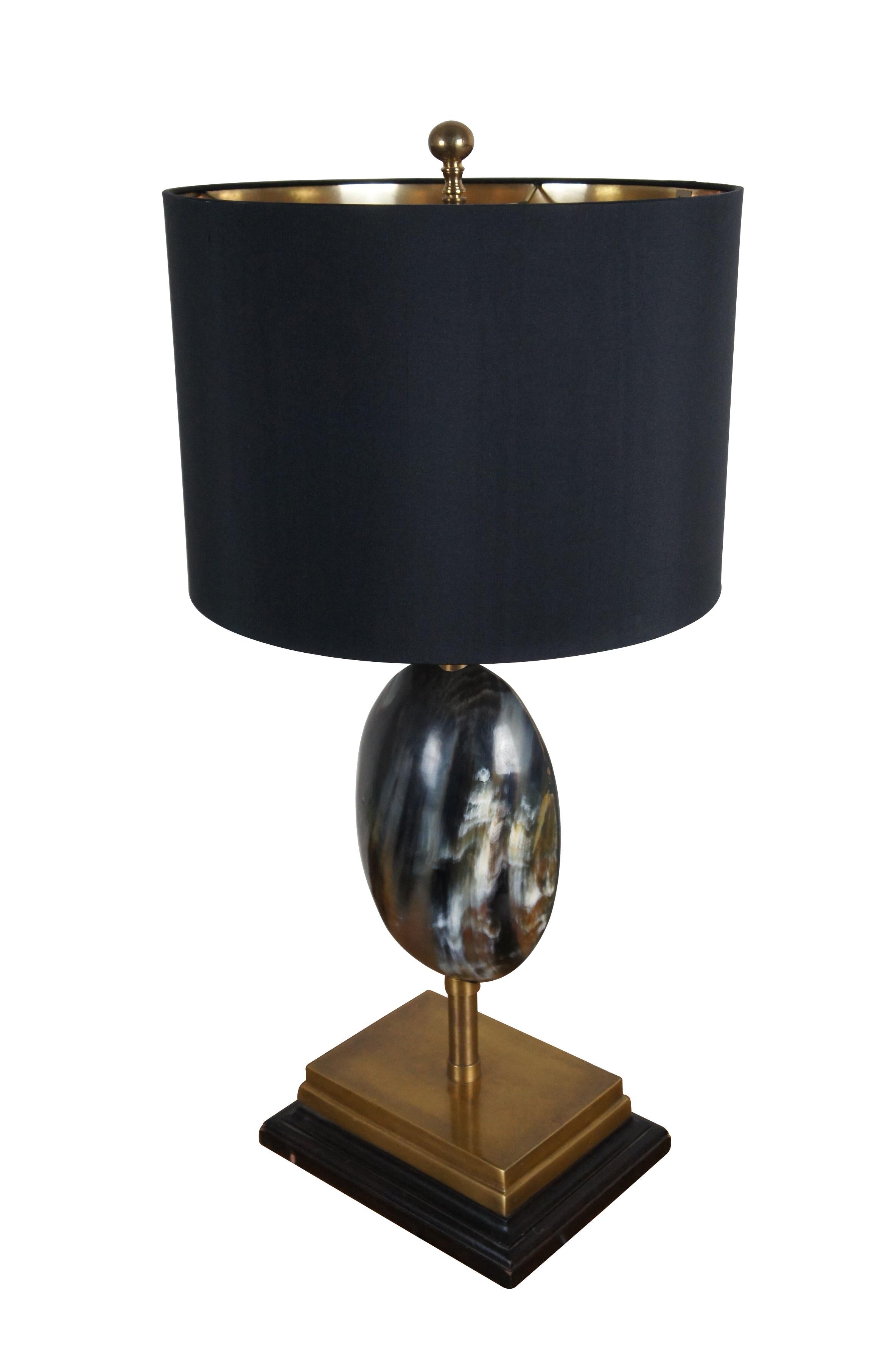 Vintage single horn Ovid lamp by John Richard. Square black and giltwood stepped base, brass column accented with a black and brown horn oval. Includes harp, brass orb finial and original black fabric drum shade with foiled