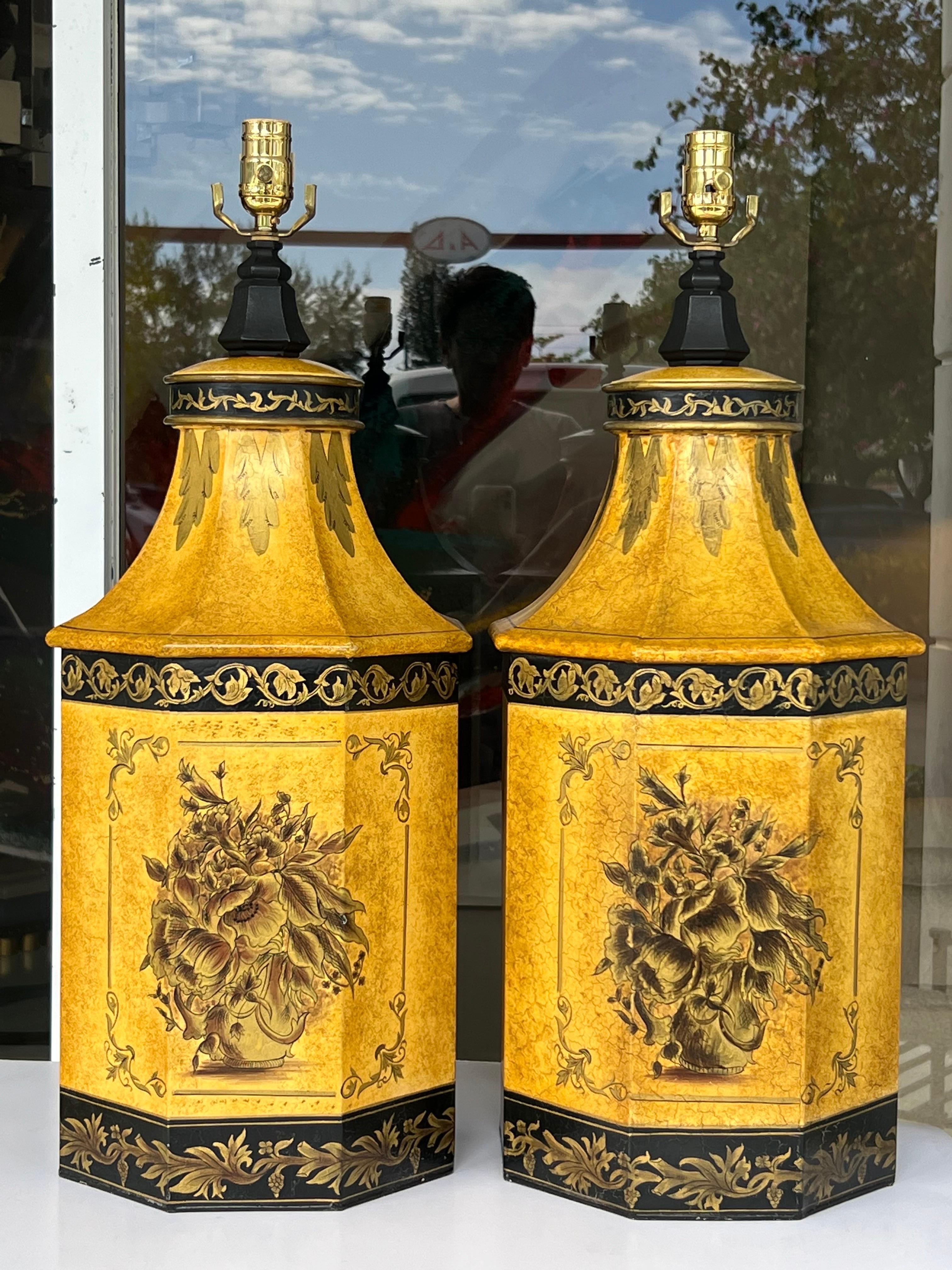 Great pair of large lamps. Enamel on metal.