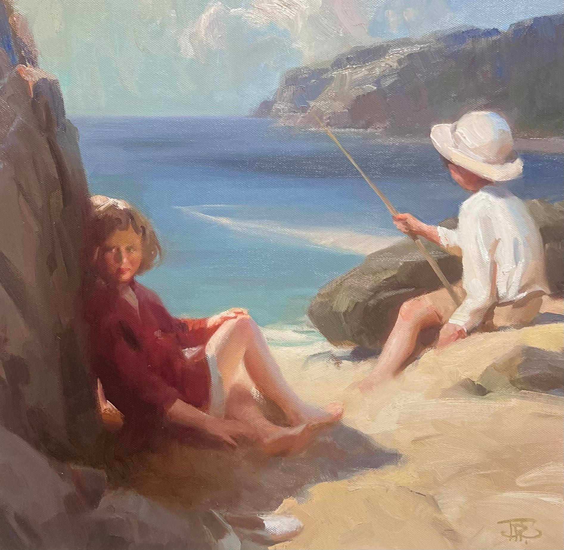 Peinture à l'huile impressionniste britannique du 20e siècle, représentant des enfants jouant sur une plage de sable - Painting de John Richard Townsend 