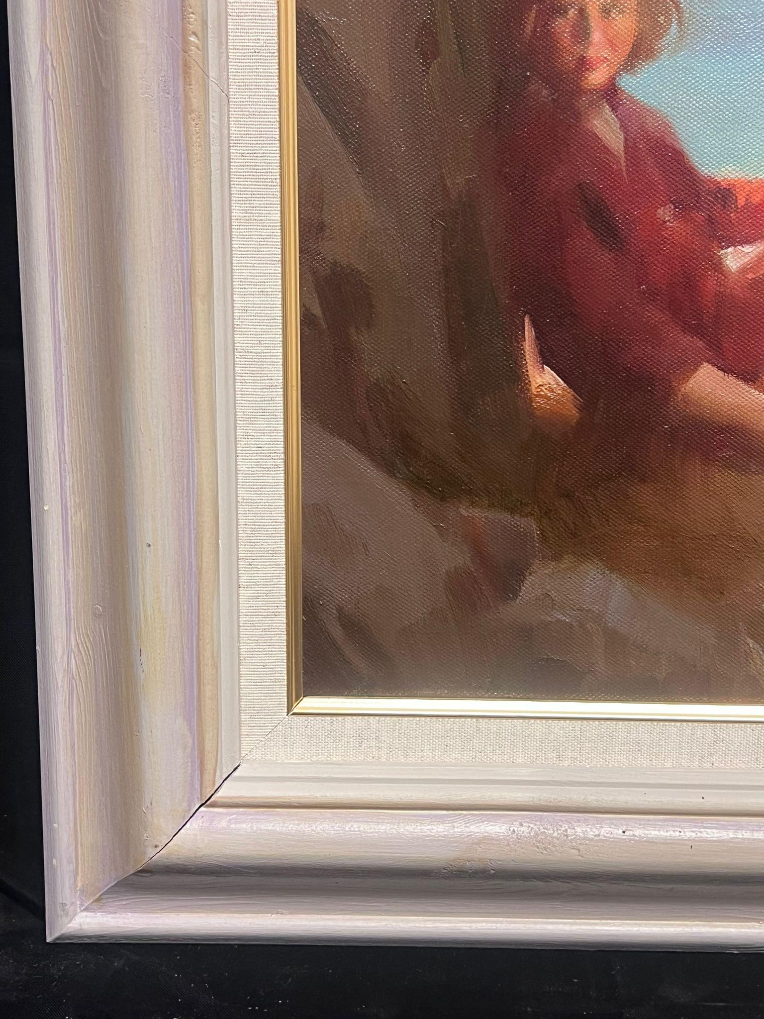 Peinture à l'huile impressionniste britannique du 20e siècle, représentant des enfants jouant sur une plage de sable - Gris Landscape Painting par John Richard Townsend 