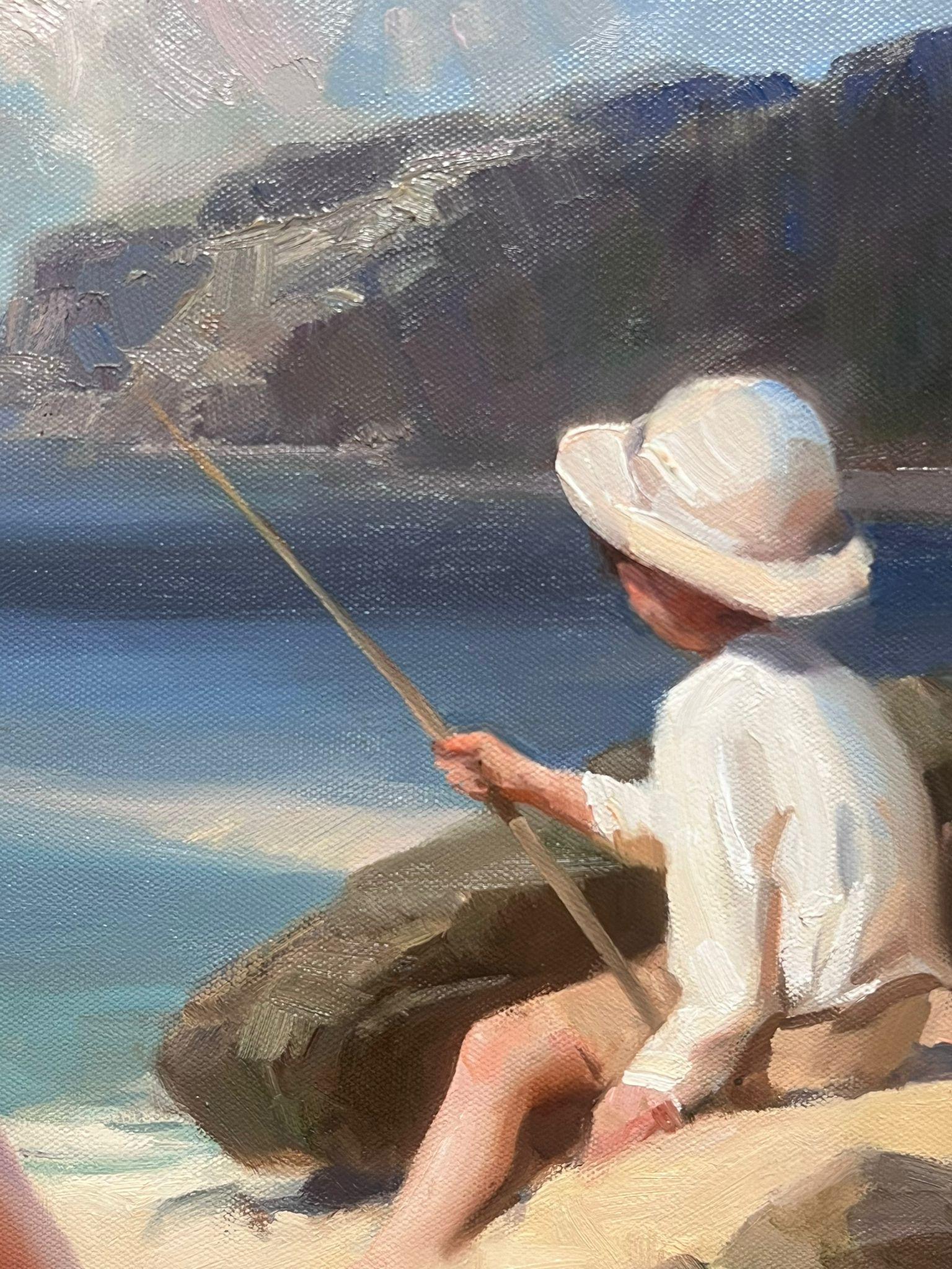 Peinture à l'huile impressionniste britannique du 20e siècle, représentant des enfants jouant sur une plage de sable en vente 4
